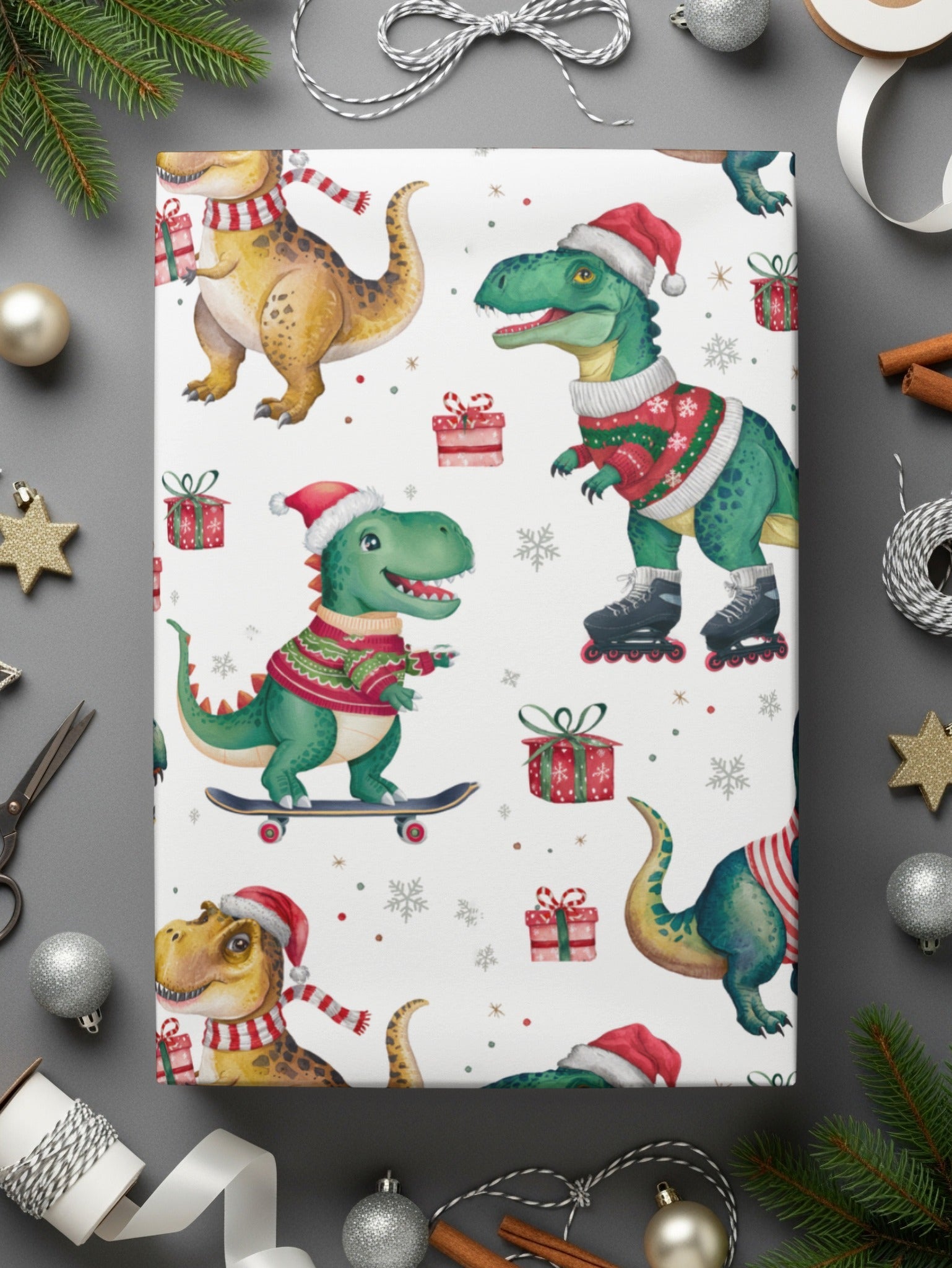 Christmas Dinosaur Digital Paper, T Rex, Green, Red, Holiday Pattern, Winter Seamless Pattern, Festive Print, Digital Download - Moore and Mountain