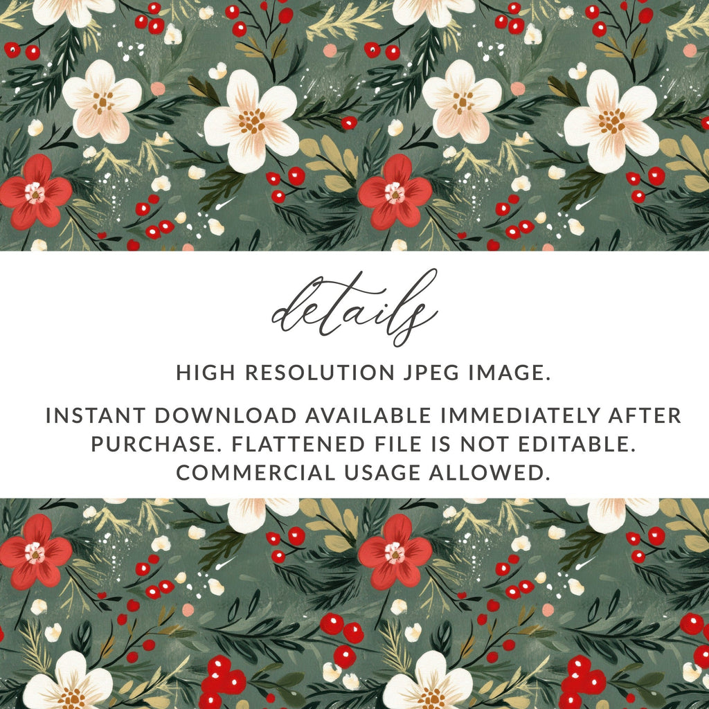 Christmas Ditsy Floral Pattern Green Background Flowers And Berries Digital - Moore and Mountain