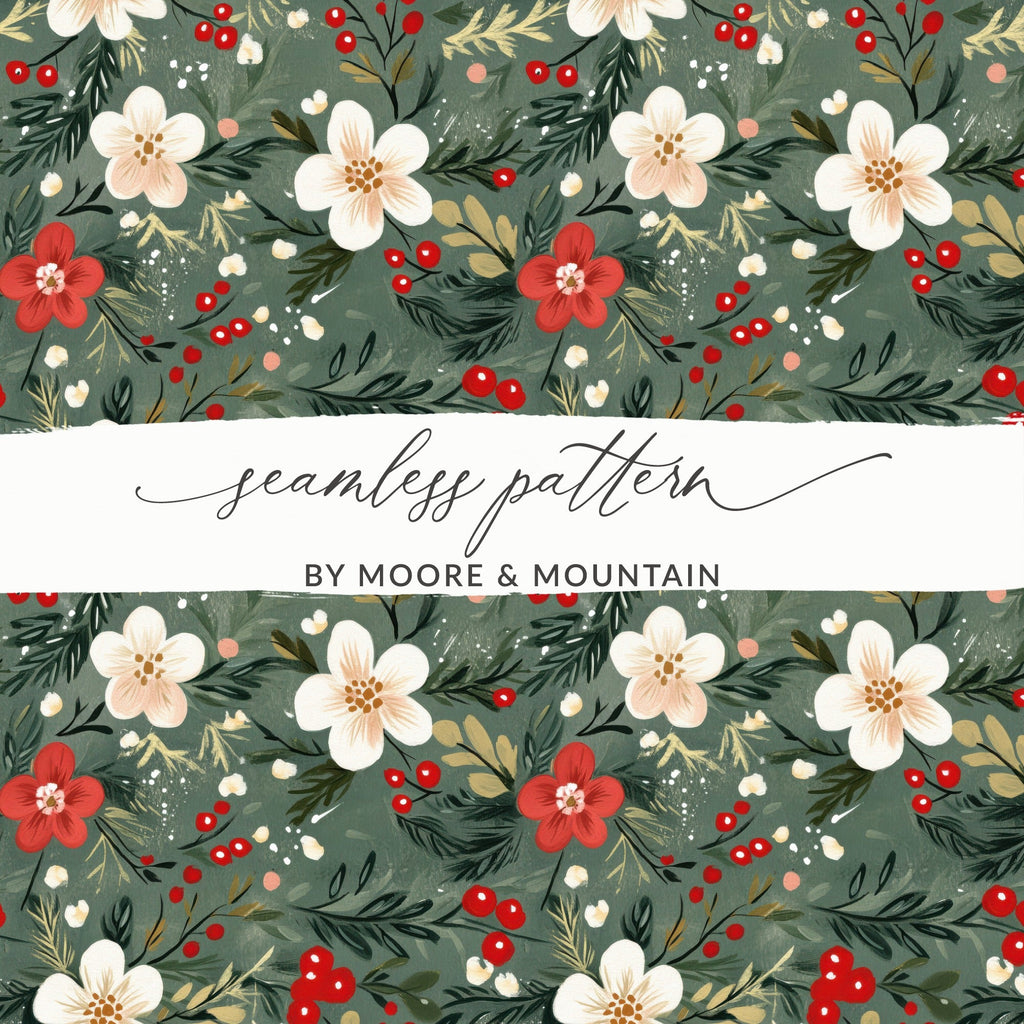 Christmas Ditsy Floral Pattern Green Background Flowers And Berries Digital - Moore and Mountain
