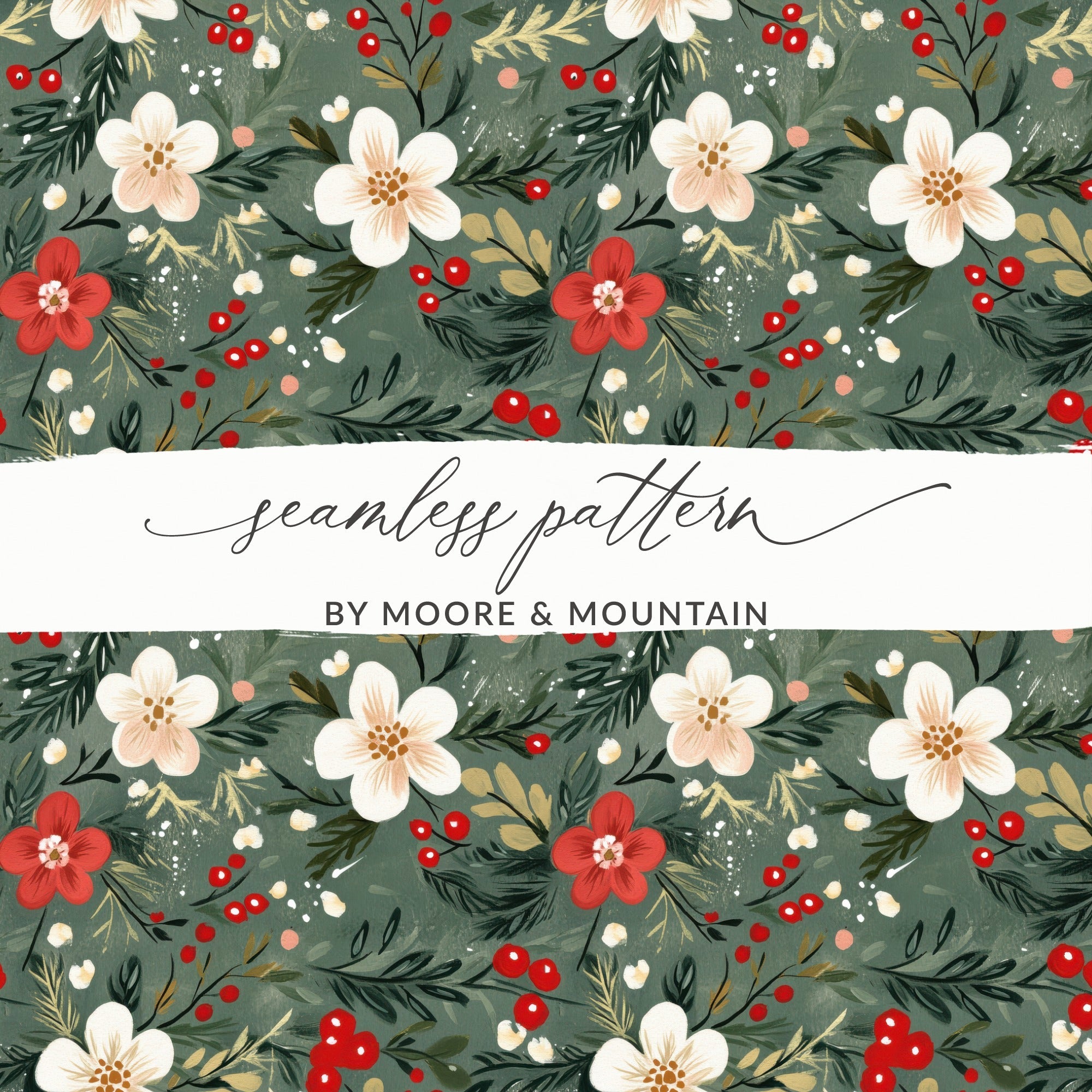 Christmas Ditsy Floral Pattern Green Background Flowers And Berries Digital - Moore and Mountain