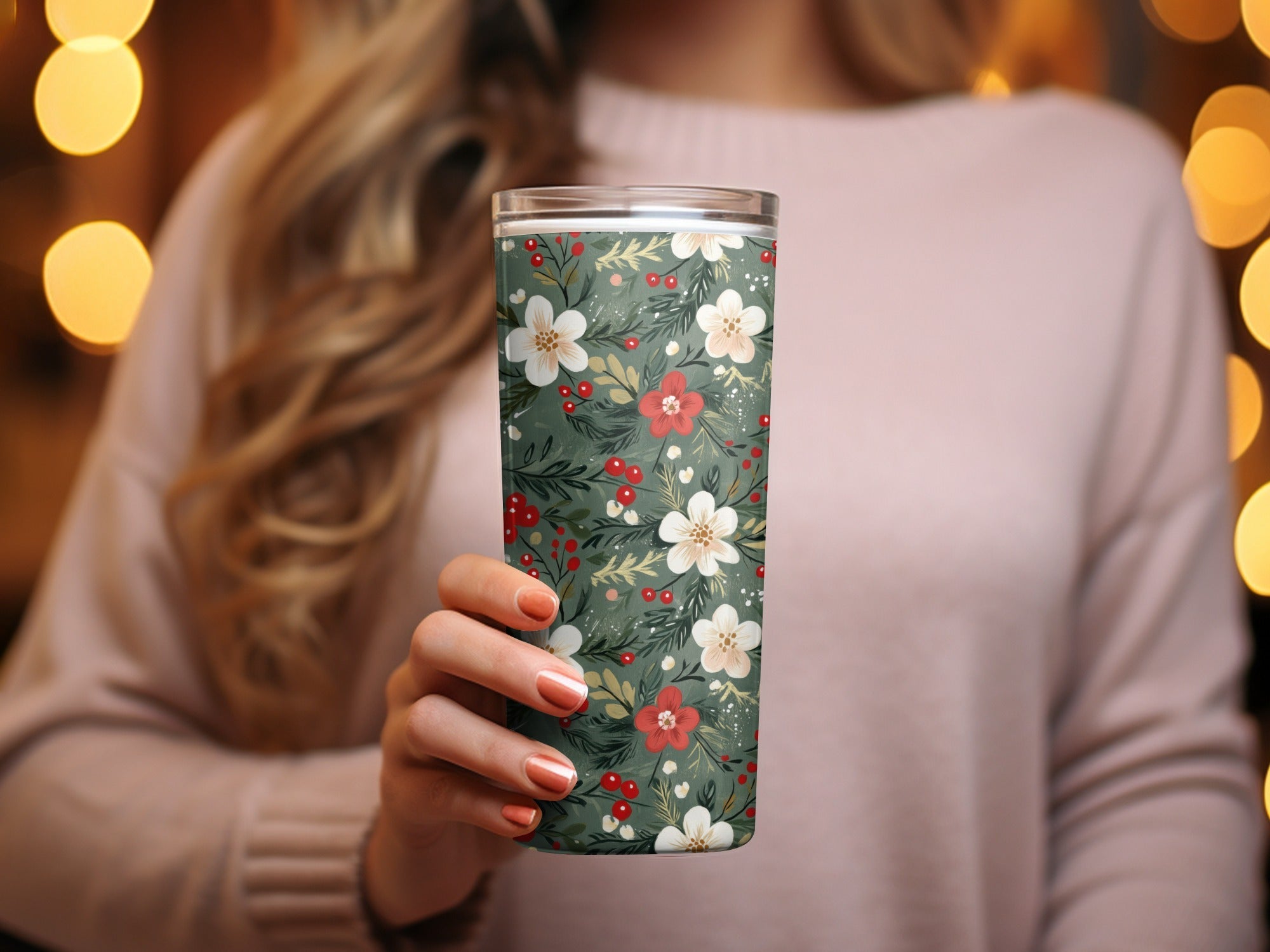 Christmas Ditsy Floral Pattern Green Background Flowers And Berries Digital - Moore and Mountain