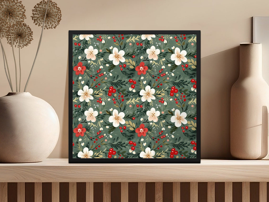 Christmas Ditsy Floral Pattern Green Background Flowers And Berries Digital - Moore and Mountain