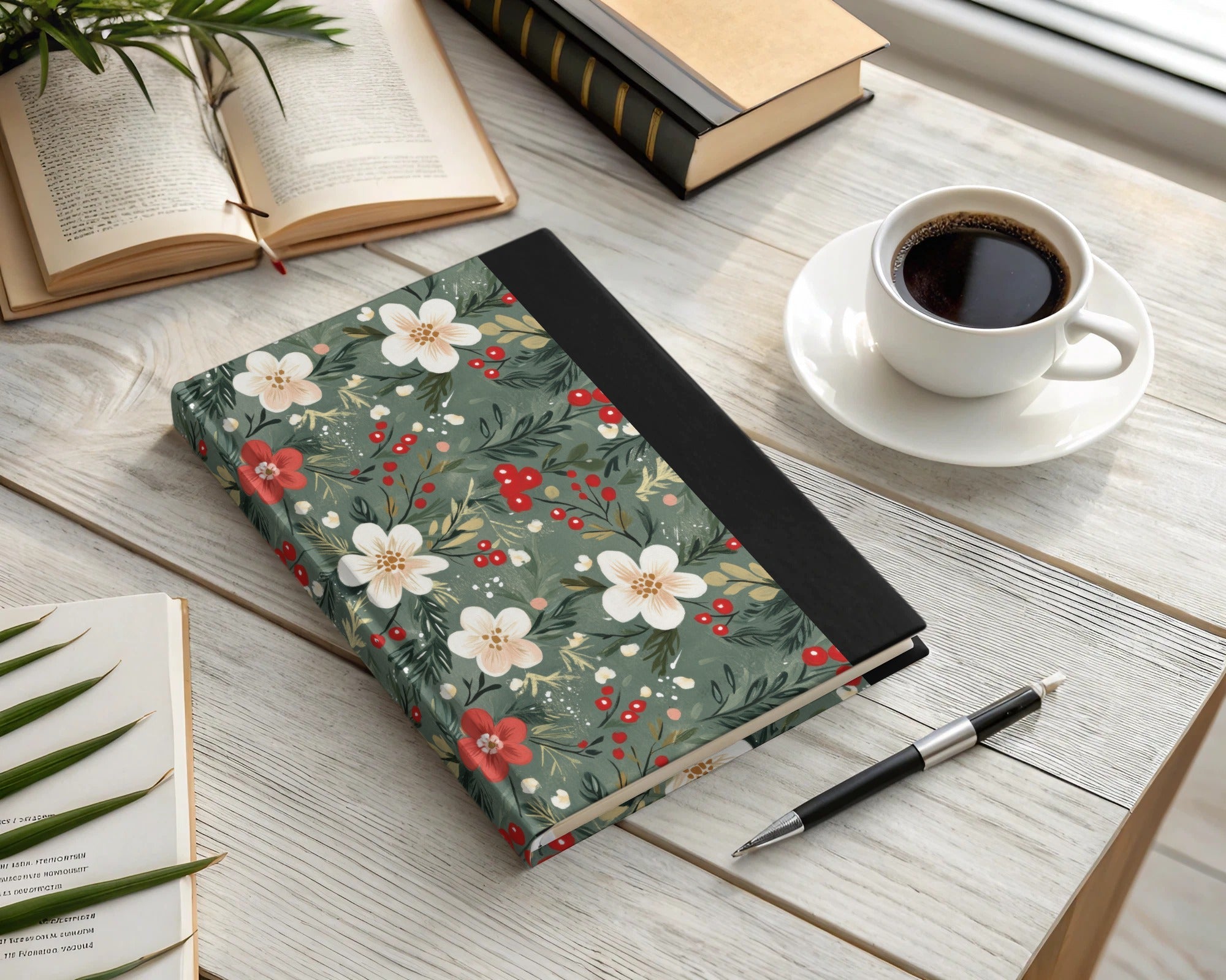 Christmas Ditsy Floral Pattern Green Background Flowers And Berries Digital - Moore and Mountain