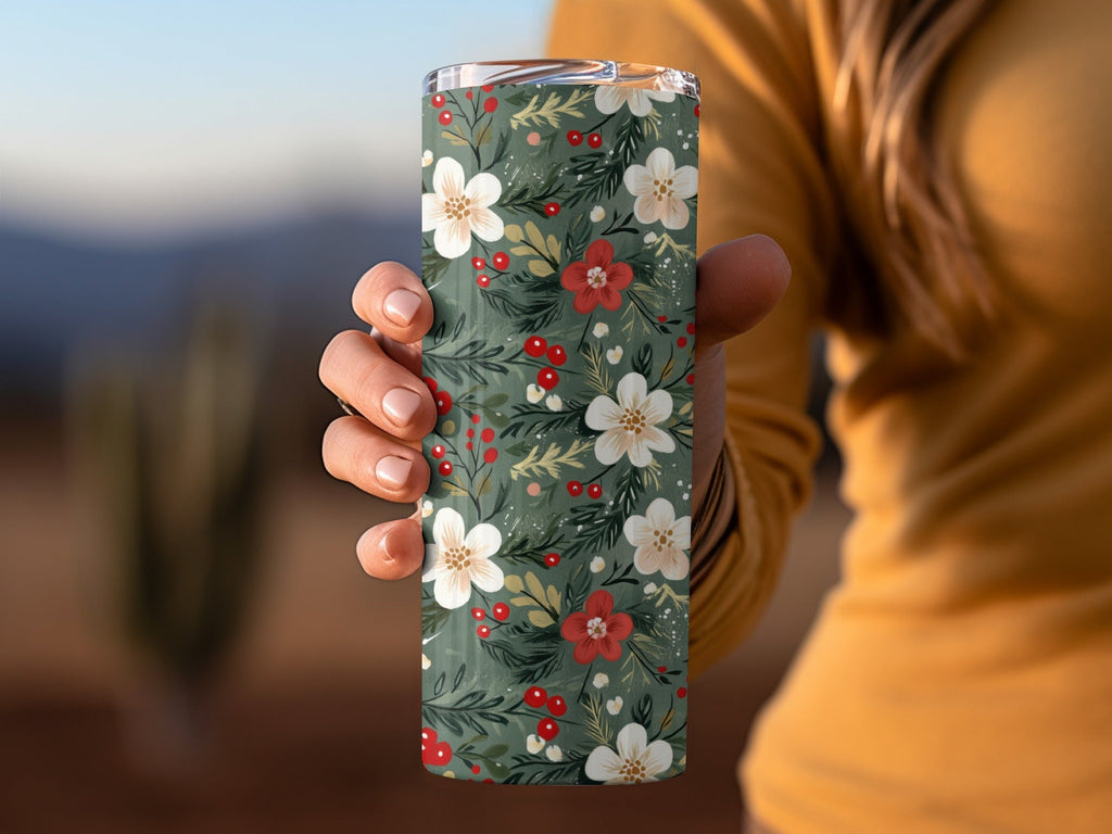 Christmas Ditsy Floral Pattern Green Background Flowers And Berries Digital - Moore and Mountain