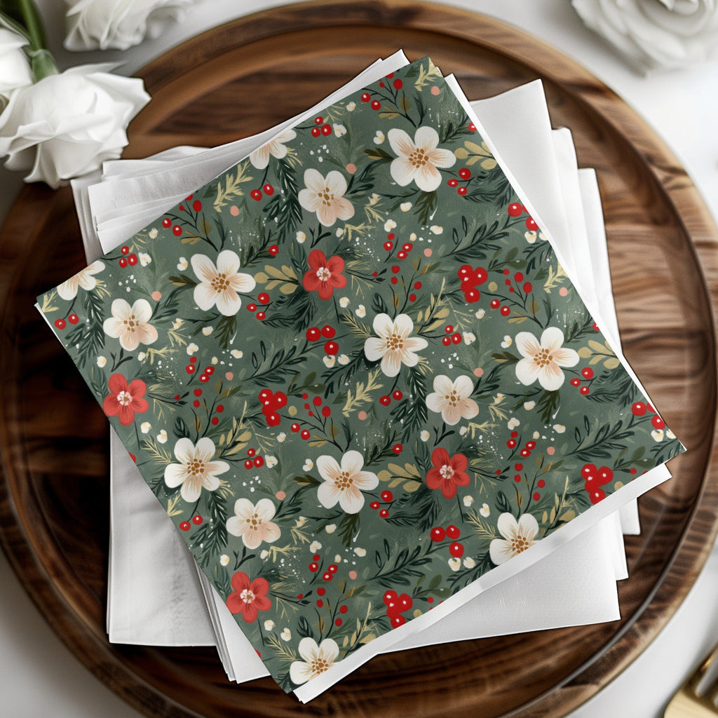 Christmas Ditsy Floral Pattern Green Background Flowers And Berries Digital - Moore and Mountain