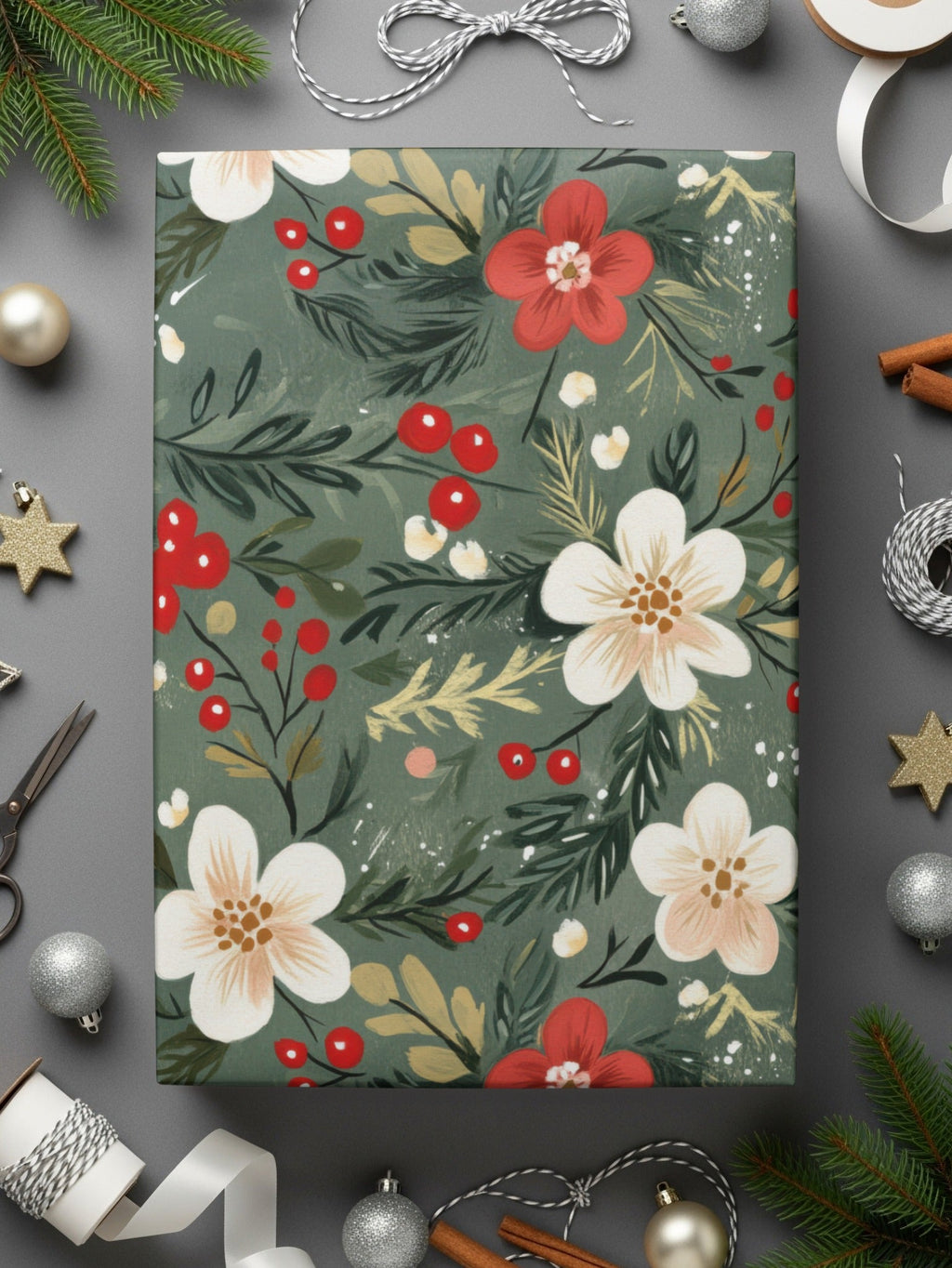Christmas Ditsy Floral Pattern Green Background Flowers And Berries Digital - Moore and Mountain