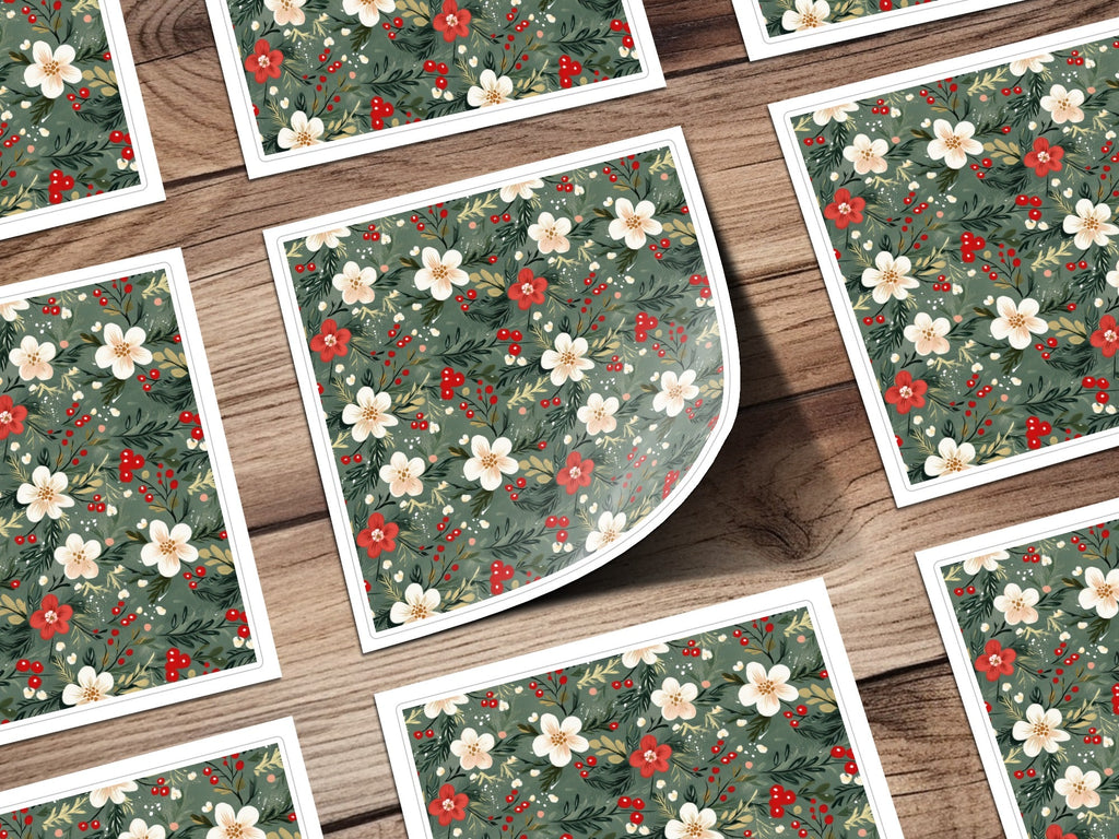 Christmas Ditsy Floral Pattern Green Background Flowers And Berries Digital - Moore and Mountain