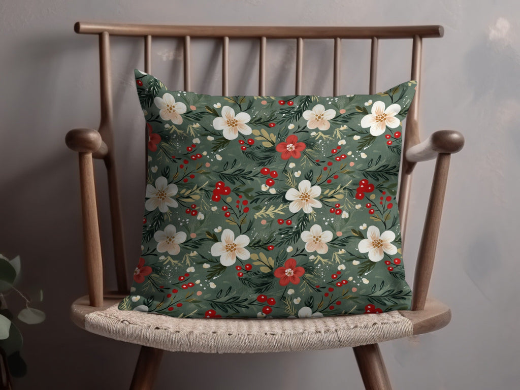 Christmas Ditsy Floral Pattern Green Background Flowers And Berries Digital - Moore and Mountain