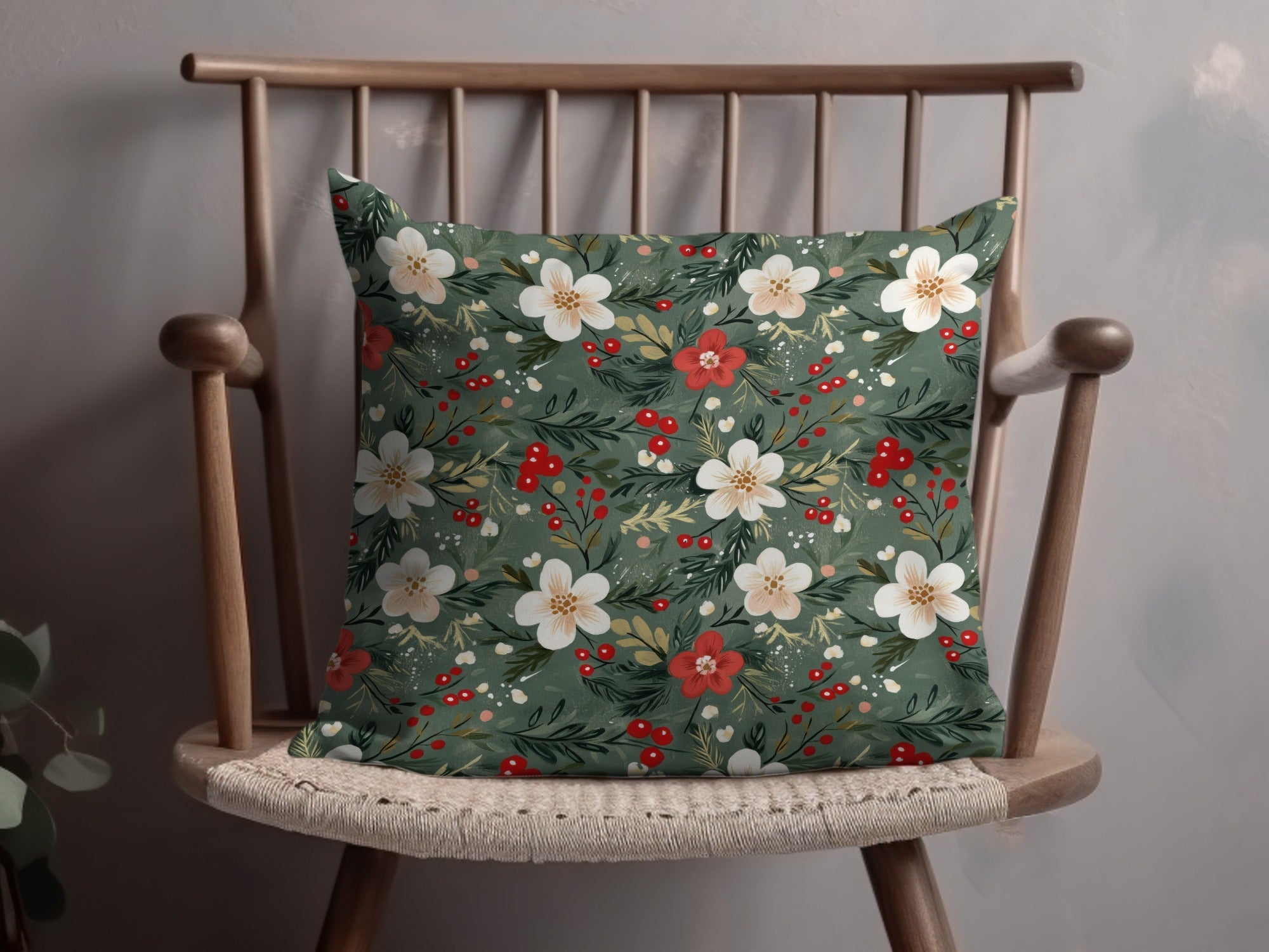 Christmas Ditsy Floral Pattern Green Background Flowers And Berries Digital - Moore and Mountain