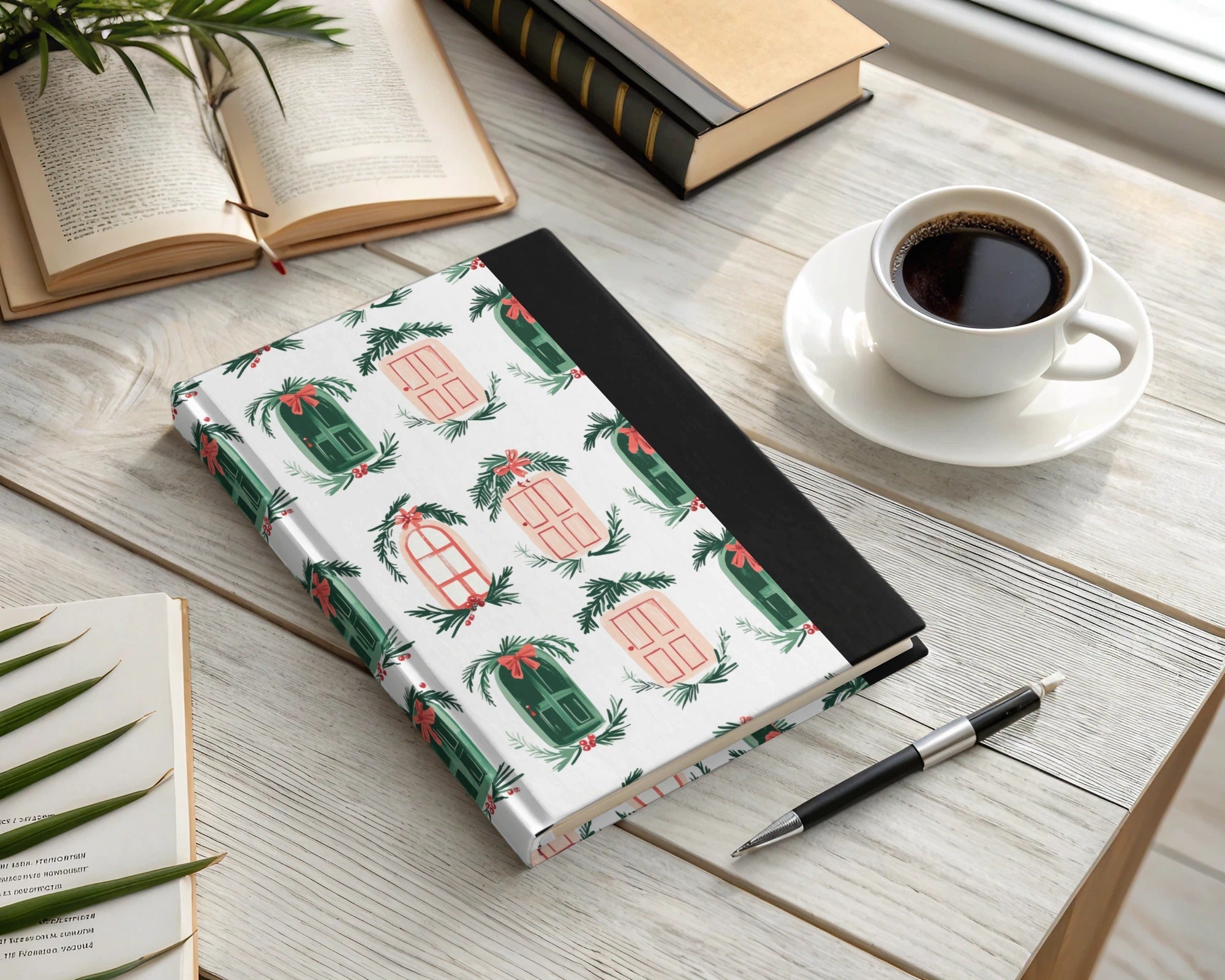 Christmas Doors Digital Paper, Winter Holiday Pattern, Green Pink Repeat Pattern, Festive Scrapbook Paper, Seasonal Surface Design - Moore and Mountain