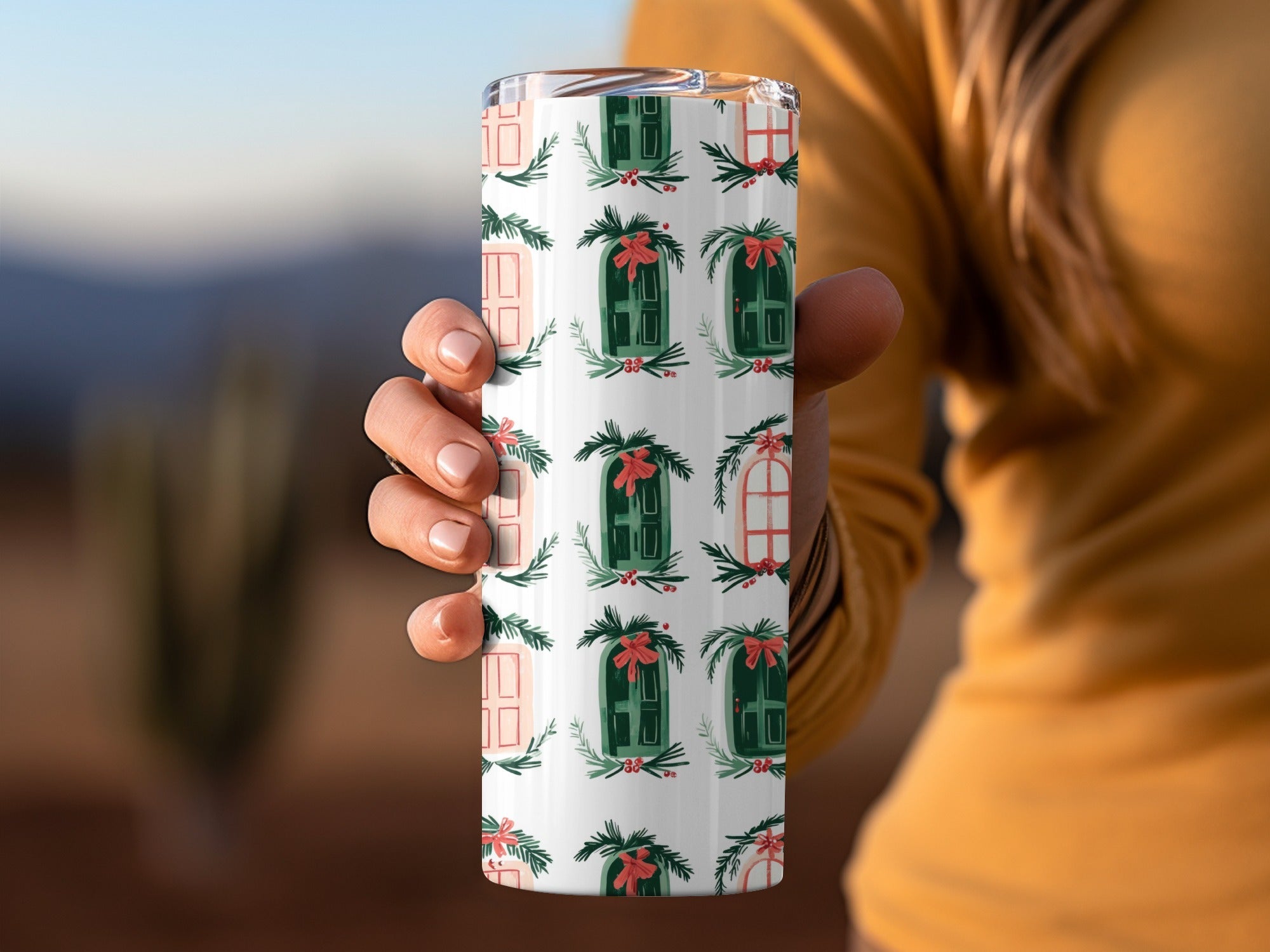 Christmas Doors Digital Paper, Winter Holiday Pattern, Green Pink Repeat Pattern, Festive Scrapbook Paper, Seasonal Surface Design - Moore and Mountain