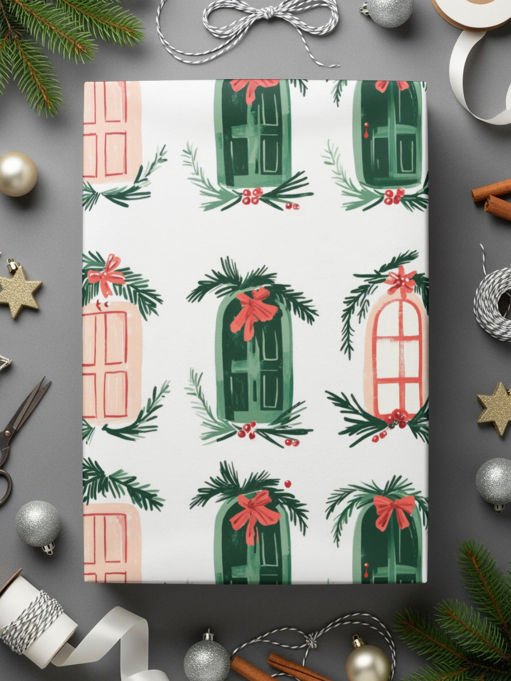 Christmas Doors Digital Paper, Winter Holiday Pattern, Green Pink Repeat Pattern, Festive Scrapbook Paper, Seasonal Surface Design - Moore and Mountain