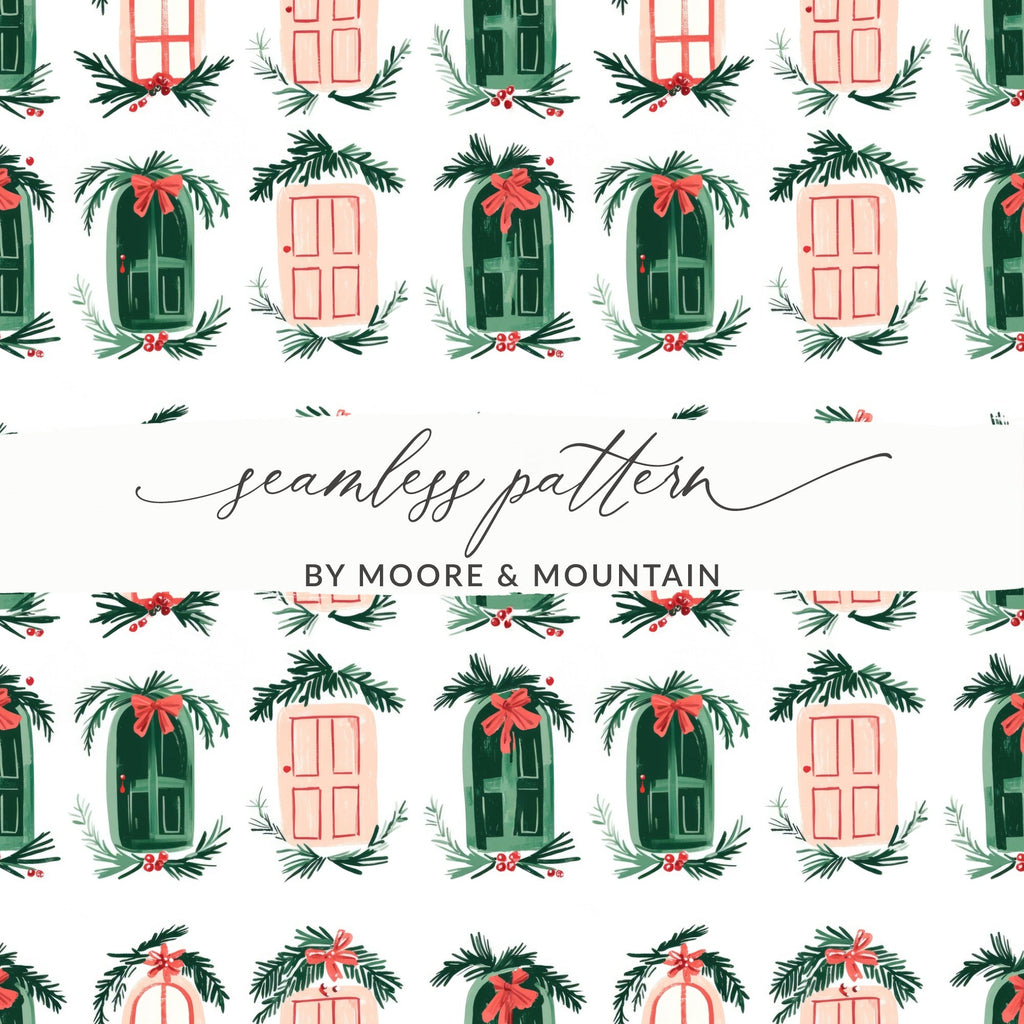 Christmas Doors Digital Paper, Winter Holiday Pattern, Green Pink Repeat Pattern, Festive Scrapbook Paper, Seasonal Surface Design - Moore and Mountain