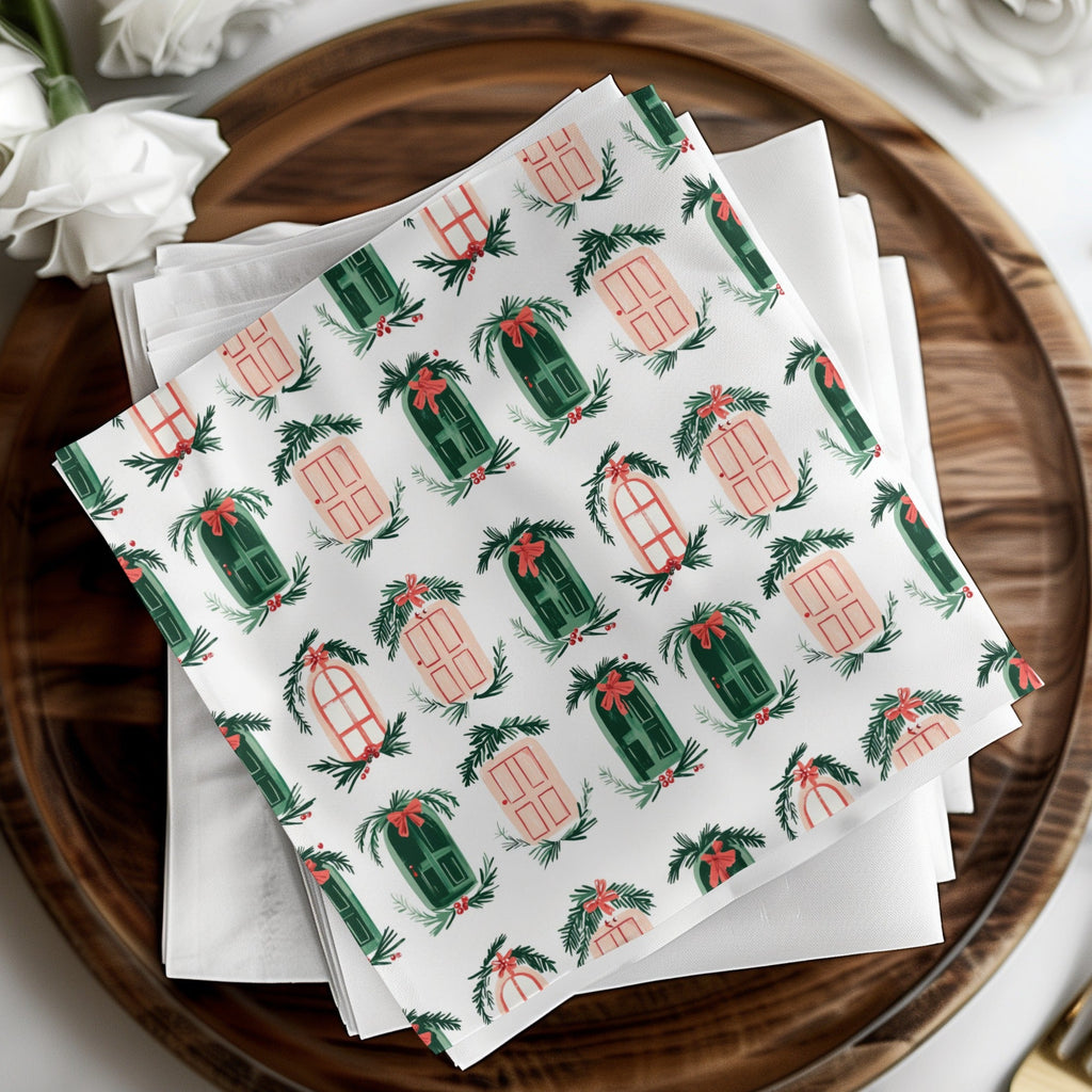 Christmas Doors Digital Paper, Winter Holiday Pattern, Green Pink Repeat Pattern, Festive Scrapbook Paper, Seasonal Surface Design - Moore and Mountain