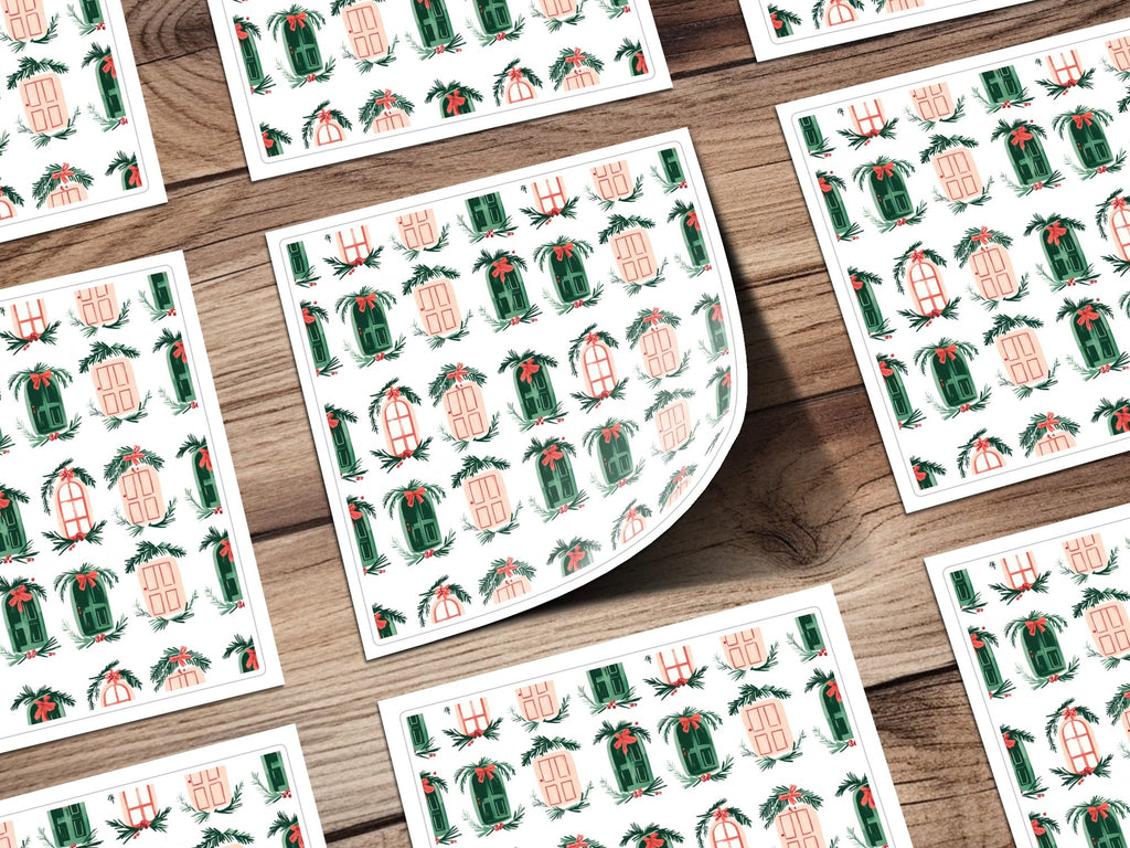 Christmas Doors Digital Paper, Winter Holiday Pattern, Green Pink Repeat Pattern, Festive Scrapbook Paper, Seasonal Surface Design - Moore and Mountain