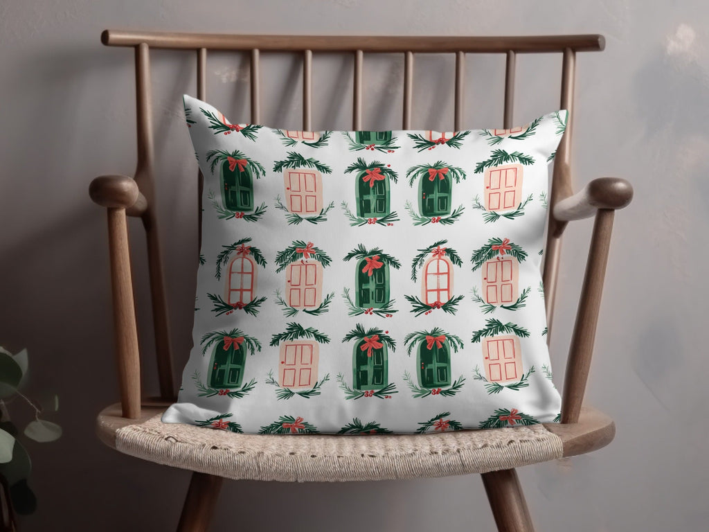 Christmas Doors Digital Paper, Winter Holiday Pattern, Green Pink Repeat Pattern, Festive Scrapbook Paper, Seasonal Surface Design - Moore and Mountain