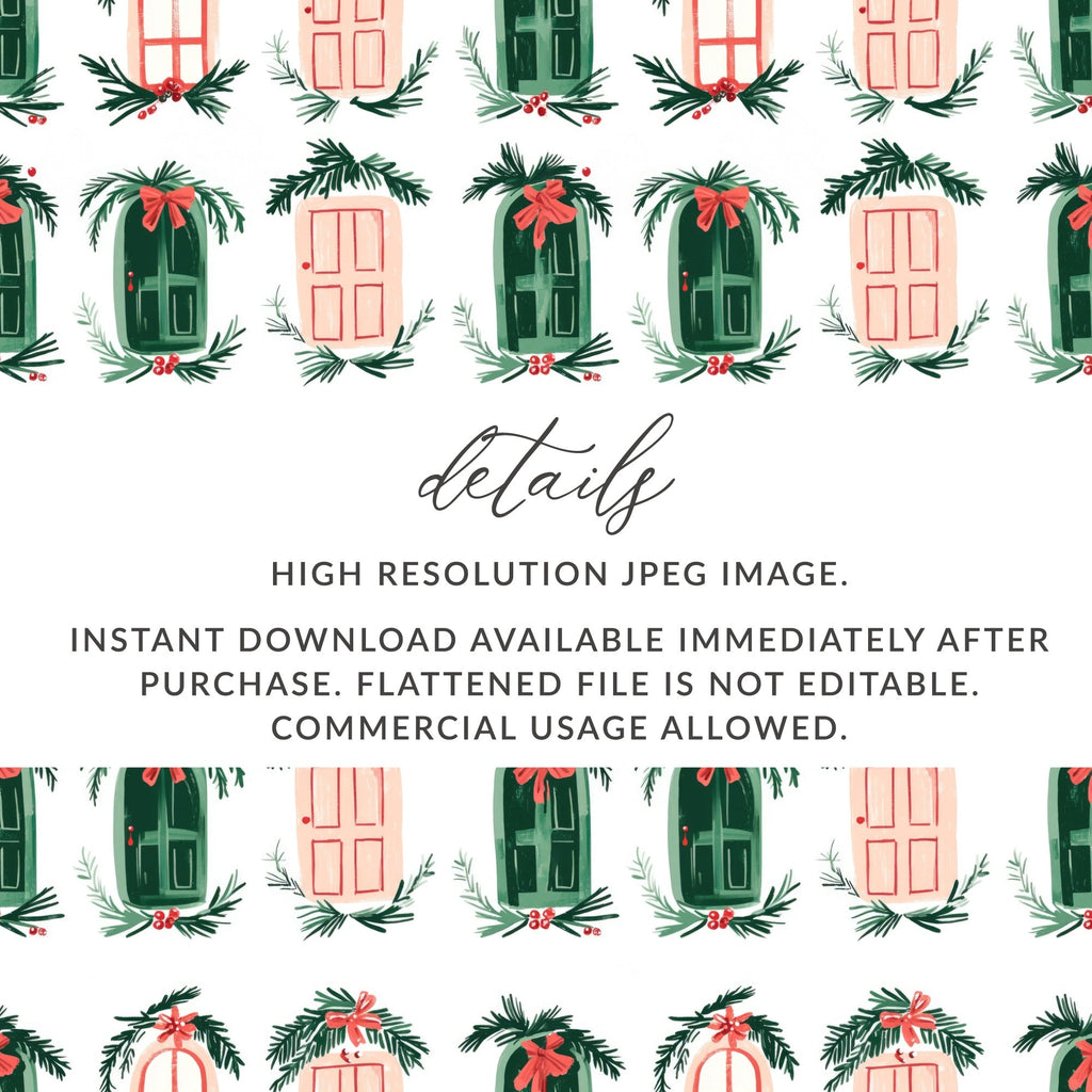 Christmas Doors Digital Paper, Winter Holiday Pattern, Green Pink Repeat Pattern, Festive Scrapbook Paper, Seasonal Surface Design - Moore and Mountain