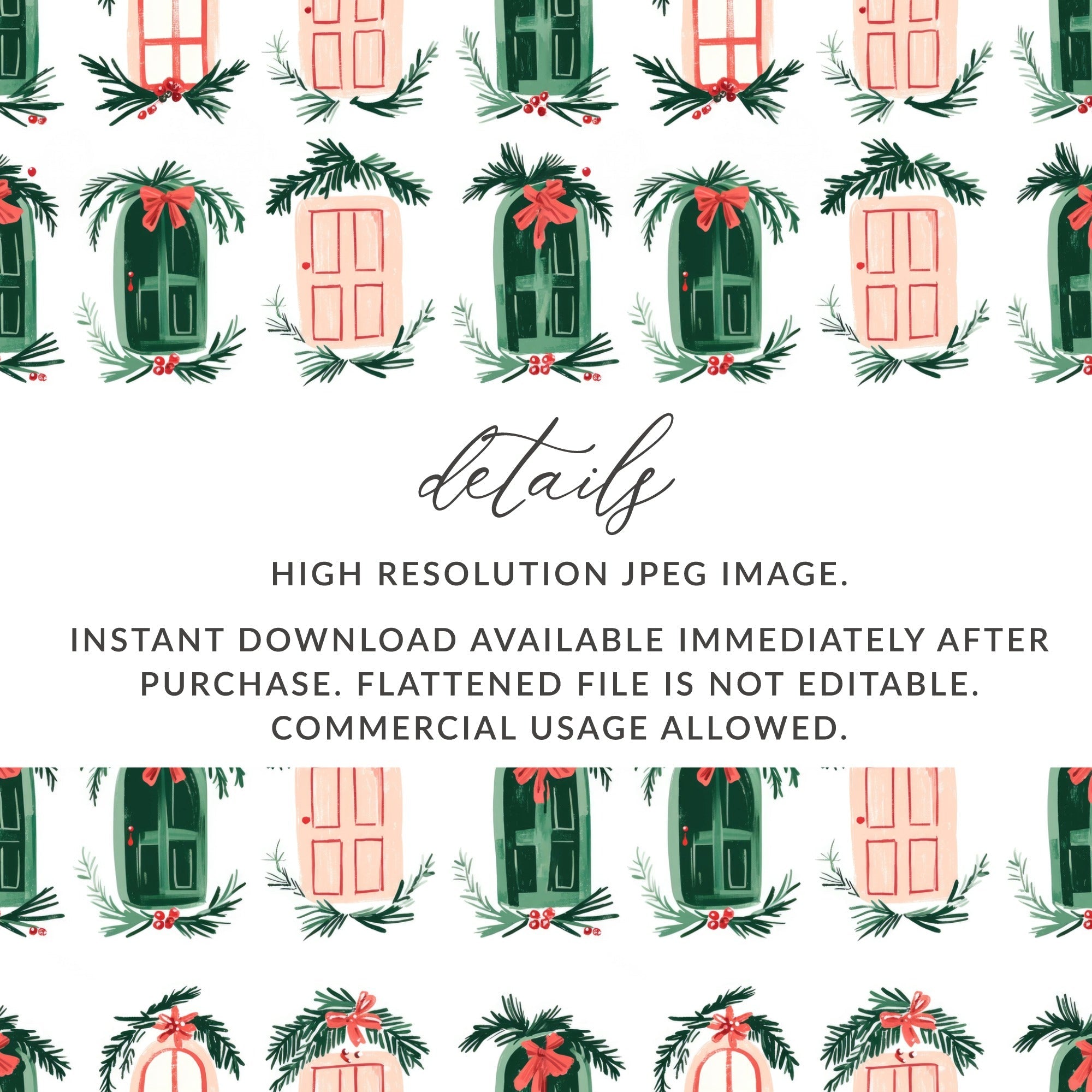 Christmas Doors Digital Paper, Winter Holiday Pattern, Green Pink Repeat Pattern, Festive Scrapbook Paper, Seasonal Surface Design - Moore and Mountain