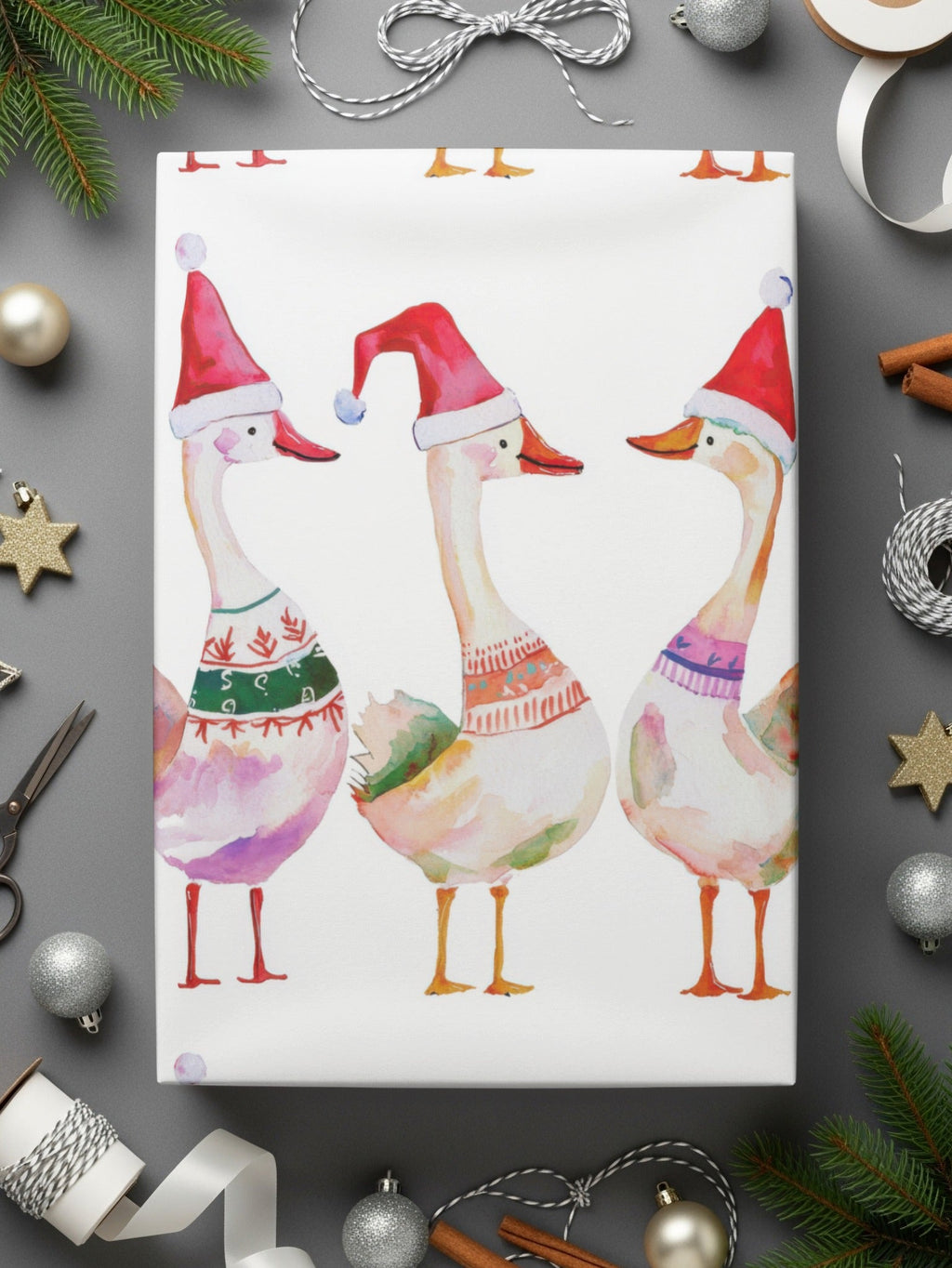 Christmas Geese Ducks Pattern Festive Watercolor Digital - Moore and Mountain