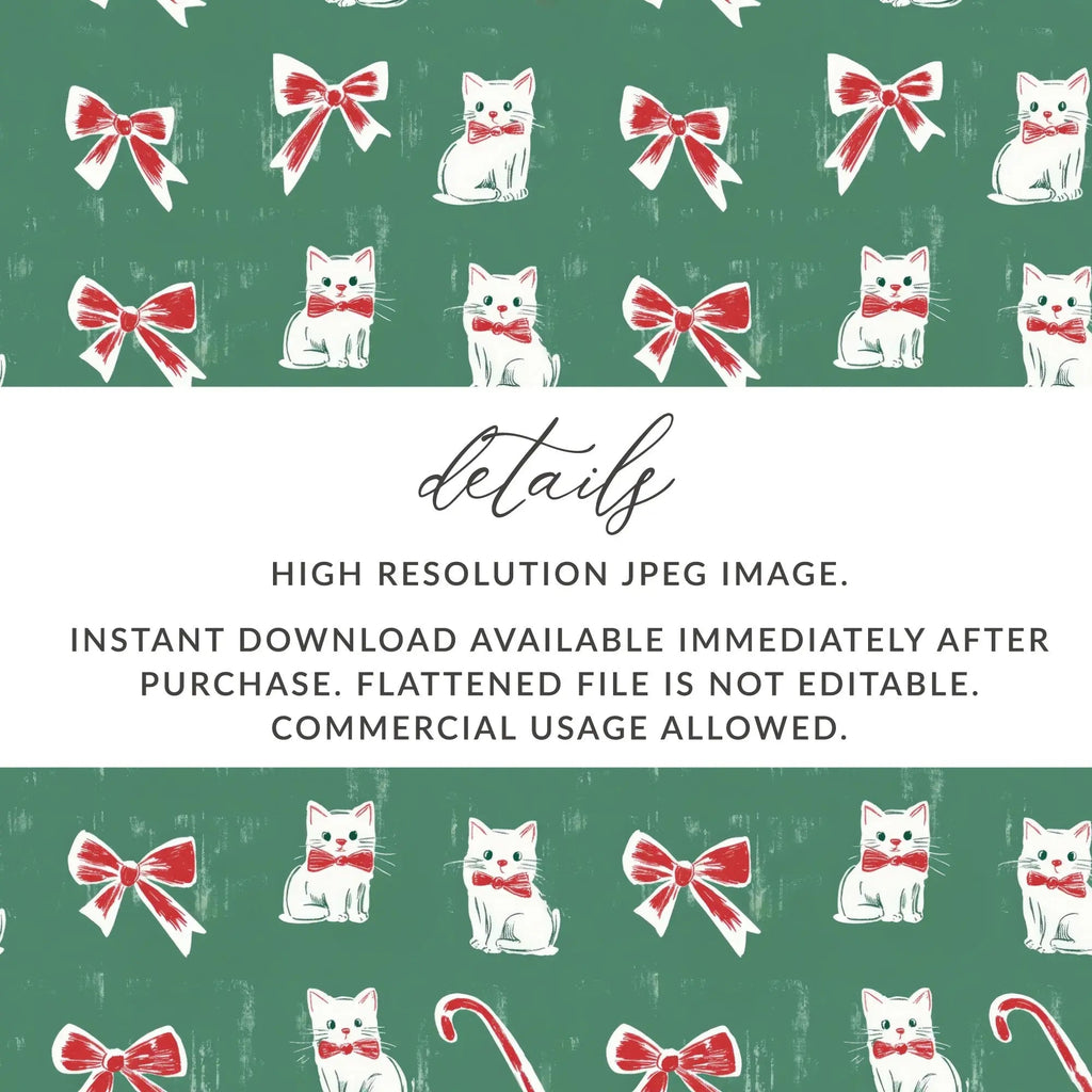 Christmas Kitties Digital Paper, Seamless Green Background, Red Bows, Candy Cane, Festive Pattern, Xmas Cats, Holiday Digital Download - Moore and Mountain