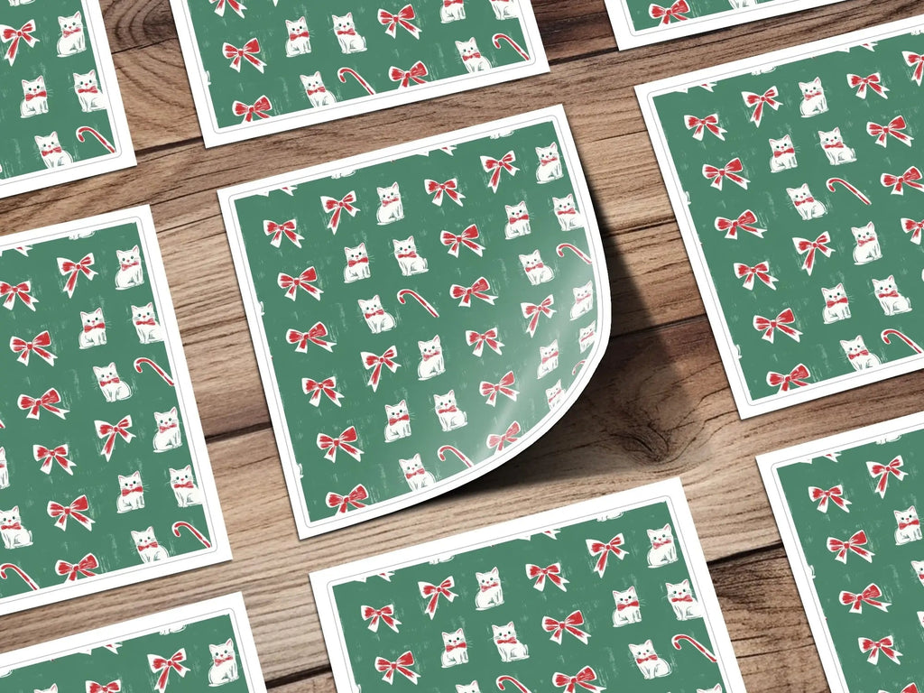 Christmas Kitties Digital Paper, Seamless Green Background, Red Bows, Candy Cane, Festive Pattern, Xmas Cats, Holiday Digital Download - Moore and Mountain