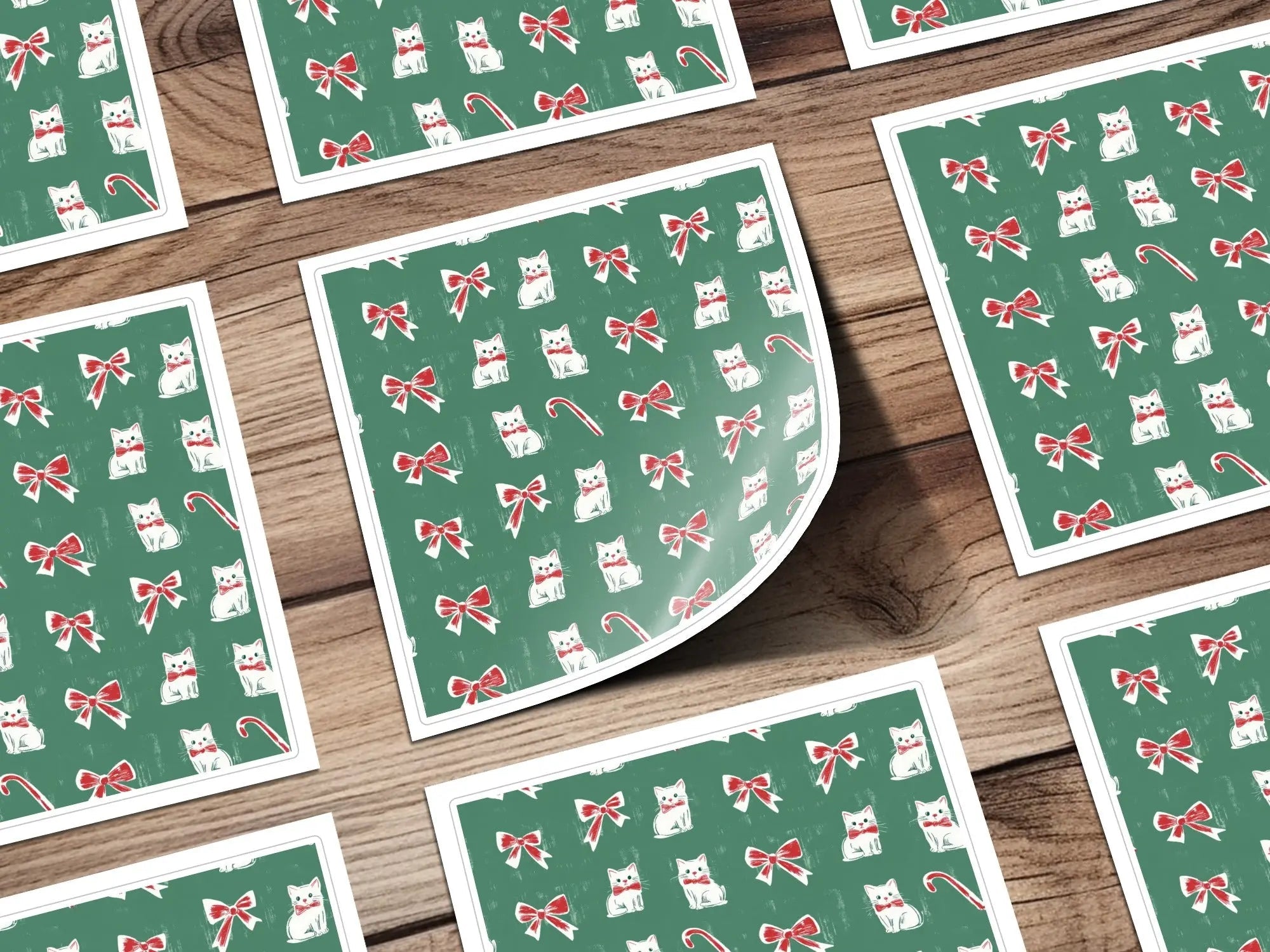 Christmas Kitties Digital Paper, Seamless Green Background, Red Bows, Candy Cane, Festive Pattern, Xmas Cats, Holiday Digital Download - Moore and Mountain