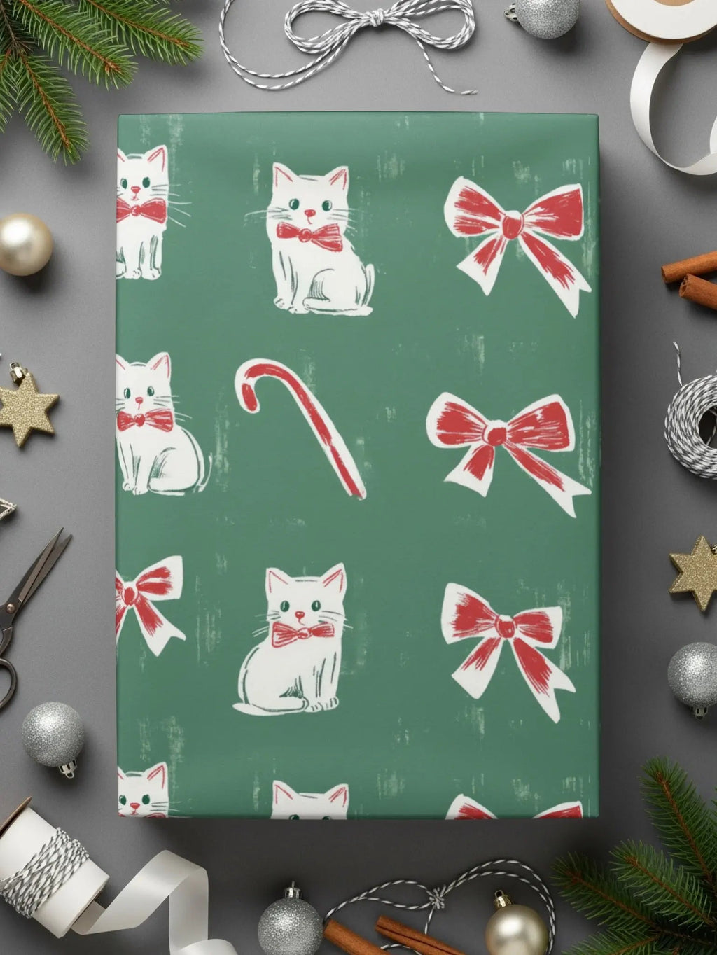 Christmas Kitties Digital Paper, Seamless Green Background, Red Bows, Candy Cane, Festive Pattern, Xmas Cats, Holiday Digital Download - Moore and Mountain