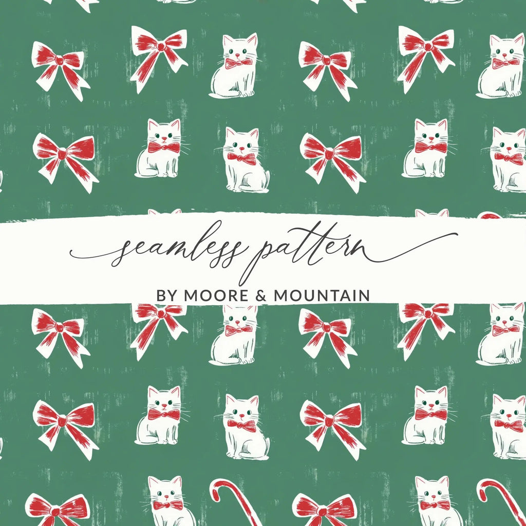 Christmas Kitties Digital Paper, Seamless Green Background, Red Bows, Candy Cane, Festive Pattern, Xmas Cats, Holiday Digital Download - Moore and Mountain