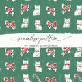 Christmas Kitties Digital Paper, Seamless Green Background, Red Bows, Candy Cane, Festive Pattern, Xmas Cats, Holiday Digital Download - Moore and Mountain