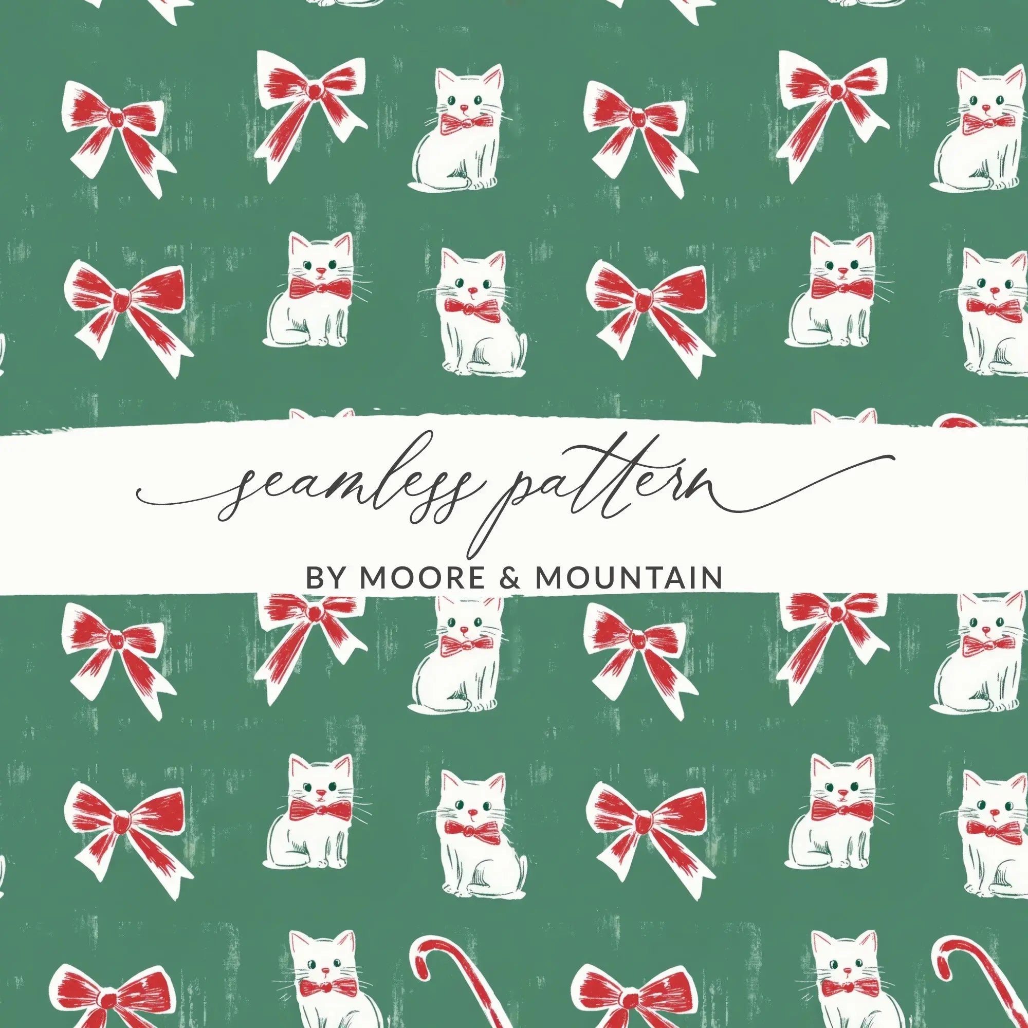 Christmas Kitties Digital Paper, Seamless Green Background, Red Bows, Candy Cane, Festive Pattern, Xmas Cats, Holiday Digital Download - Moore and Mountain