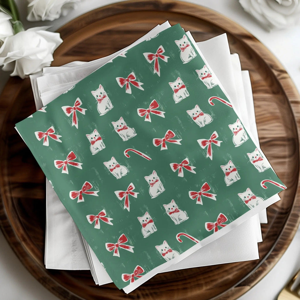 Christmas Kitties Digital Paper, Seamless Green Background, Red Bows, Candy Cane, Festive Pattern, Xmas Cats, Holiday Digital Download - Moore and Mountain