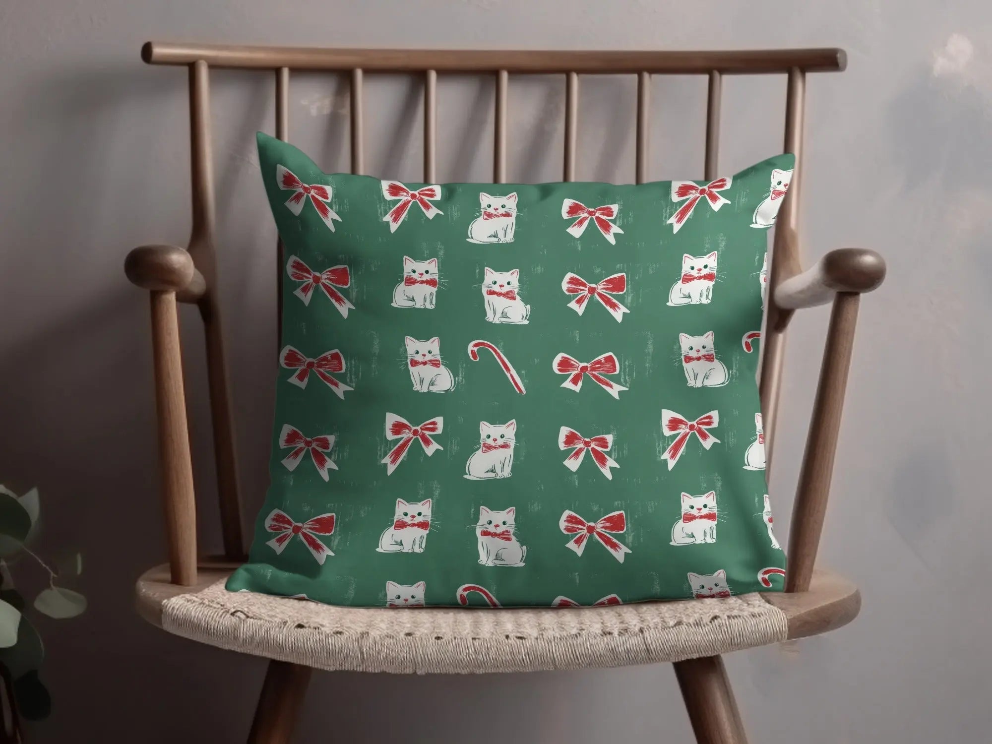 Christmas Kitties Digital Paper, Seamless Green Background, Red Bows, Candy Cane, Festive Pattern, Xmas Cats, Holiday Digital Download - Moore and Mountain