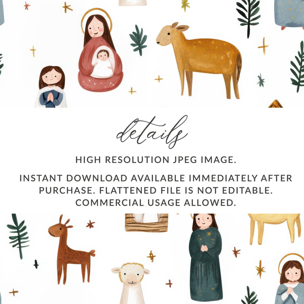 Christmas Nativity Scene Seamless Pattern Cute Watercolor Pattern Design Digital - Moore and Mountain