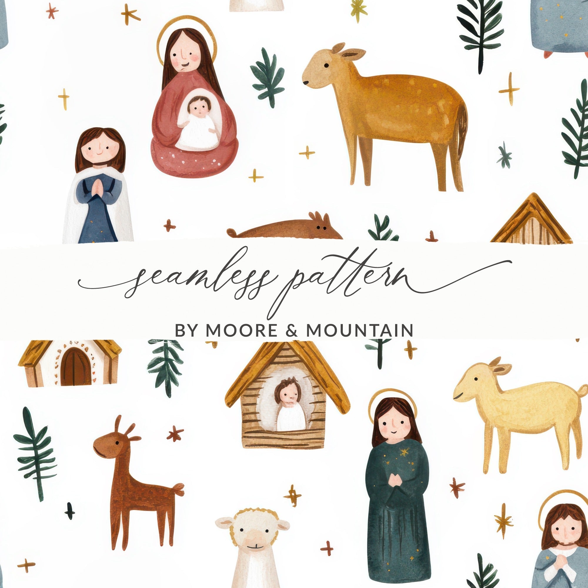 Christmas Nativity Scene Seamless Pattern Cute Watercolor Pattern Design Digital - Moore and Mountain