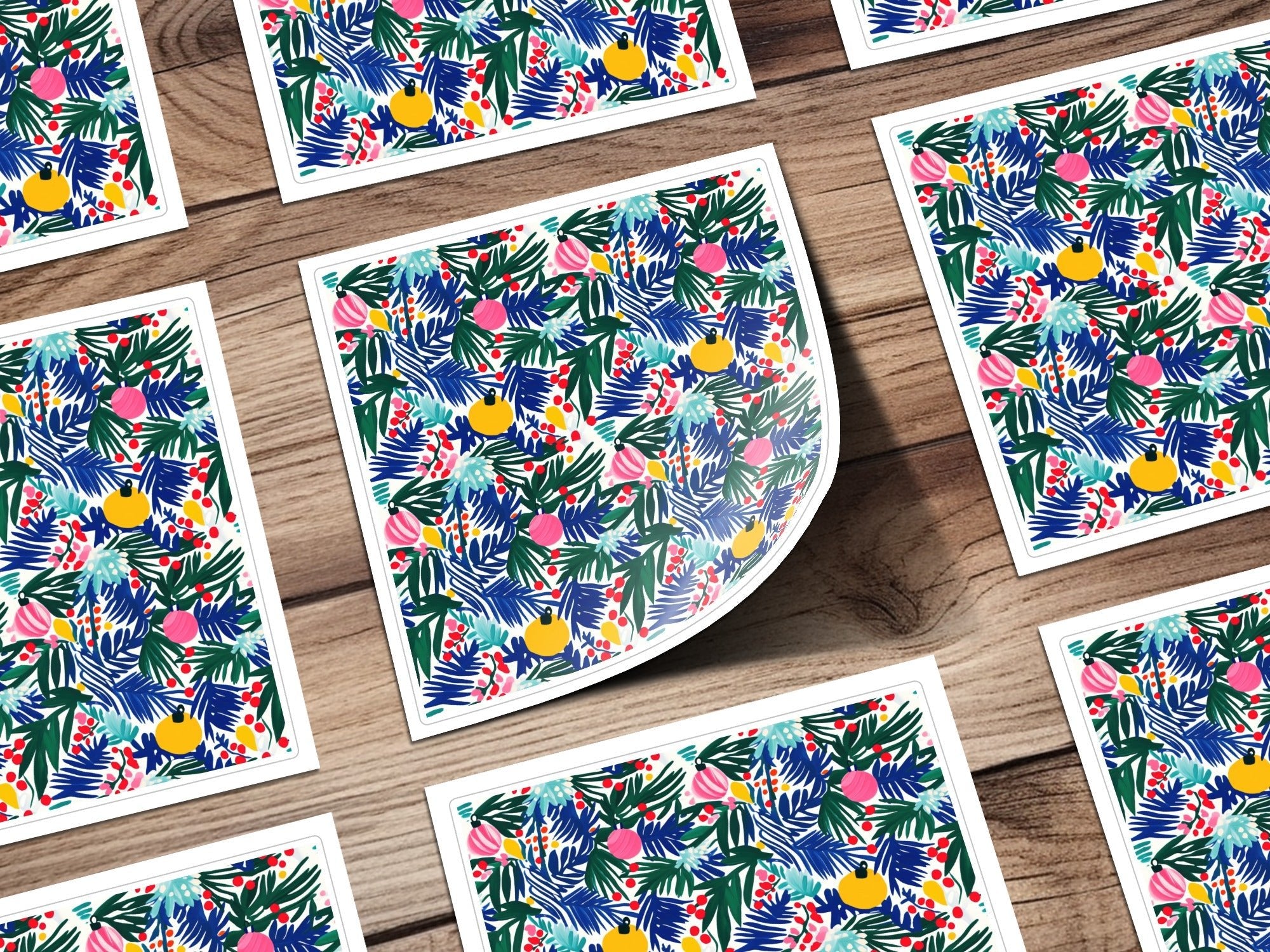 Christmas Ornament Digital Paper, Blue Green Tropical Leaves, Pink Yellow Baubles, Festive Holiday Pattern, Scrapbooking, Wall Art - Moore and Mountain