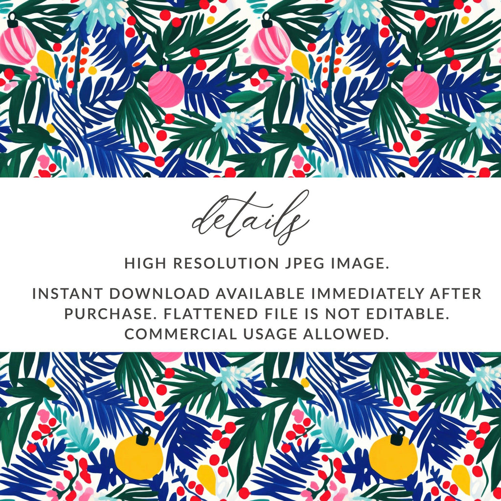 Christmas Ornament Digital Paper, Blue Green Tropical Leaves, Pink Yellow Baubles, Festive Holiday Pattern, Scrapbooking, Wall Art - Moore and Mountain