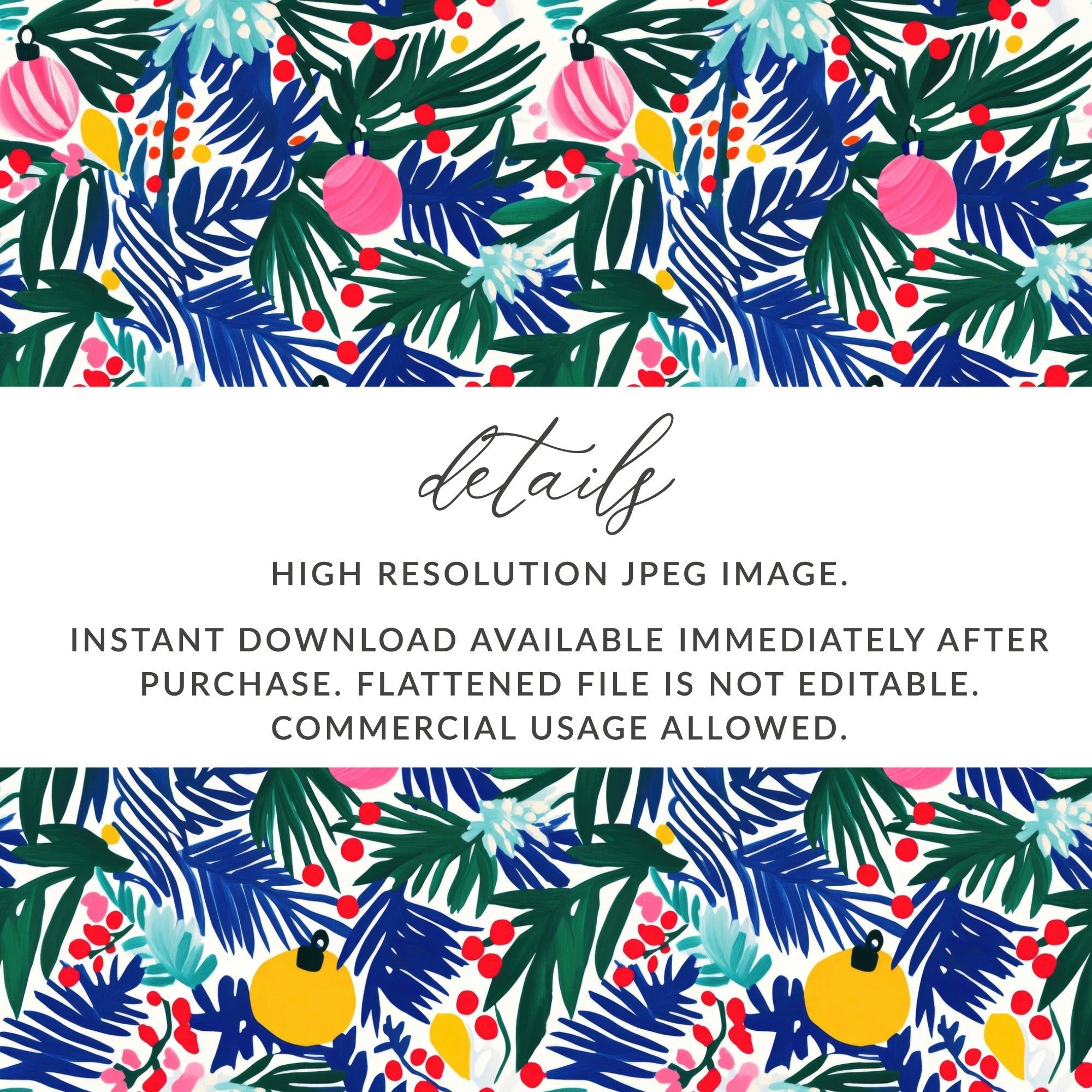 Christmas Ornament Digital Paper, Blue Green Tropical Leaves, Pink Yellow Baubles, Festive Holiday Pattern, Scrapbooking, Wall Art - Moore and Mountain