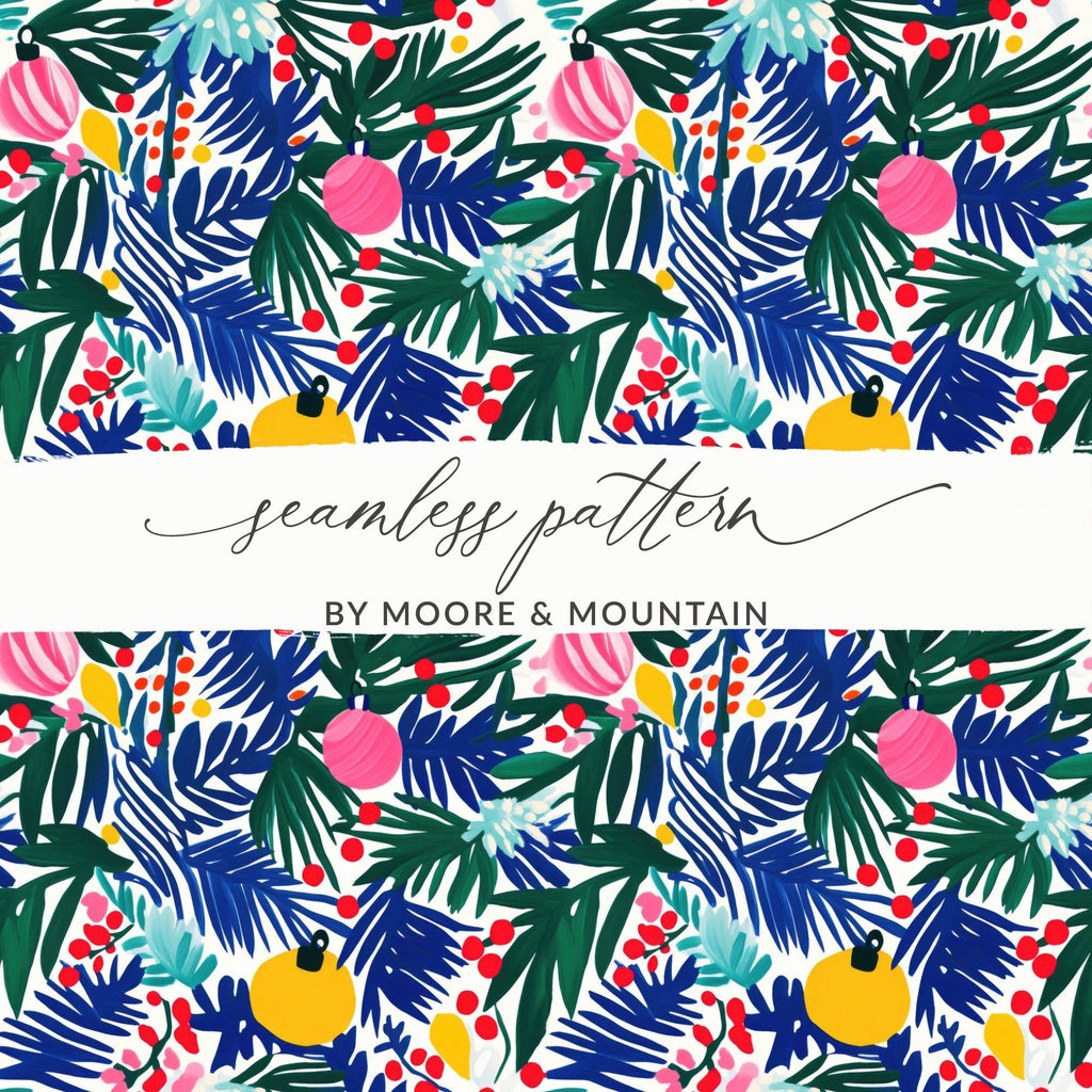 Christmas Ornament Digital Paper, Blue Green Tropical Leaves, Pink Yellow Baubles, Festive Holiday Pattern, Scrapbooking, Wall Art - Moore and Mountain