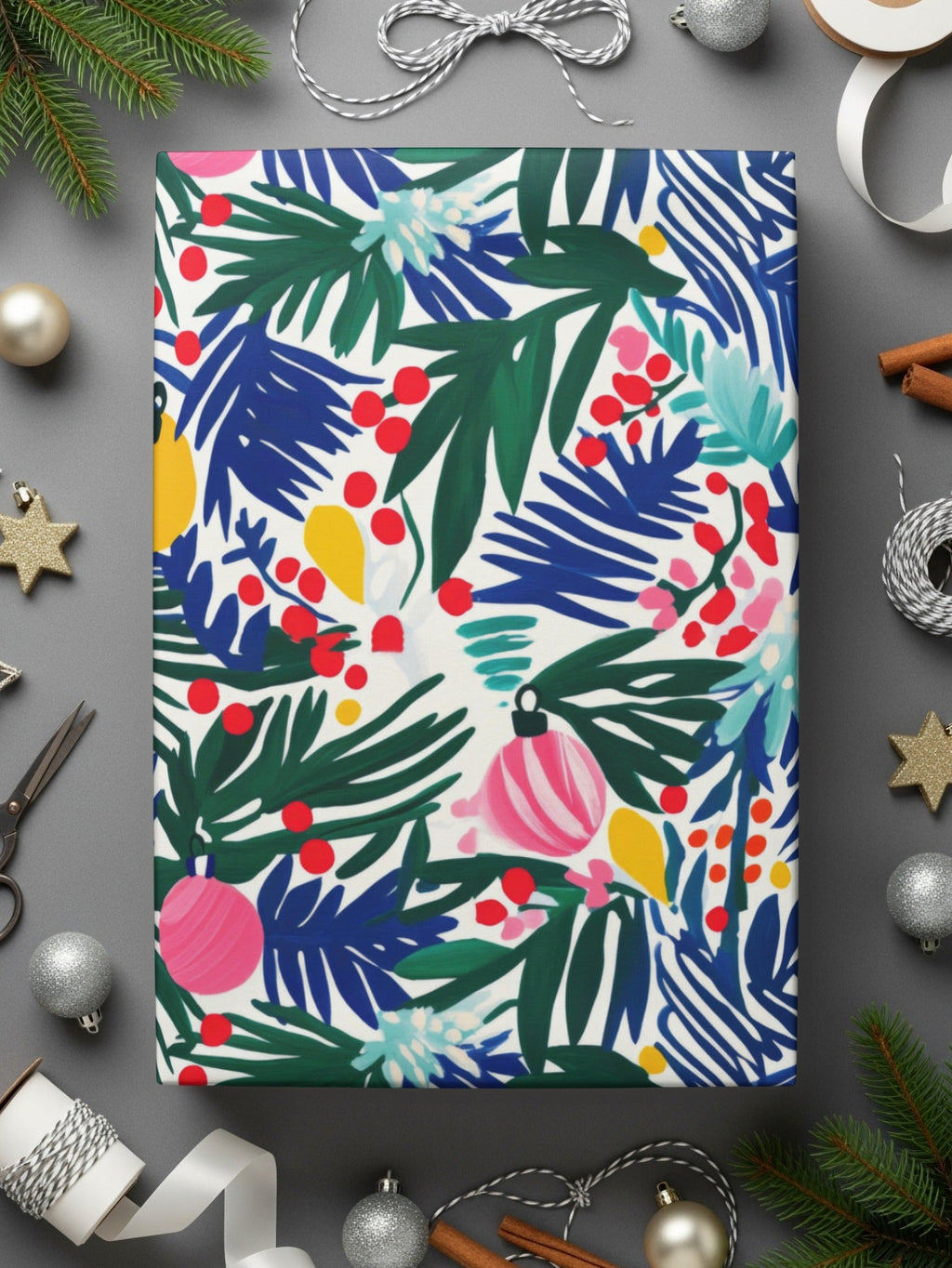 Christmas Ornament Digital Paper, Blue Green Tropical Leaves, Pink Yellow Baubles, Festive Holiday Pattern, Scrapbooking, Wall Art - Moore and Mountain