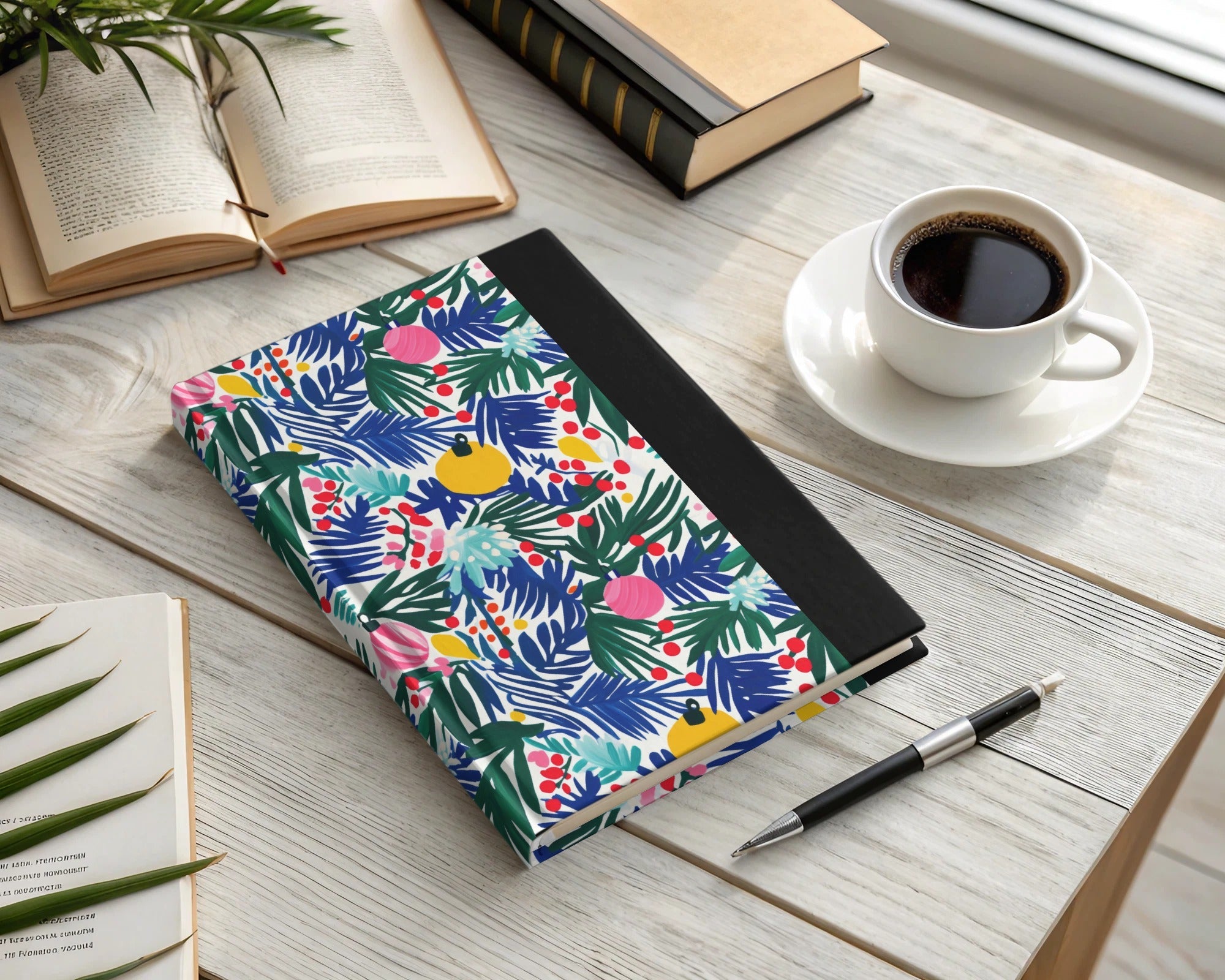 Christmas Ornament Digital Paper, Blue Green Tropical Leaves, Pink Yellow Baubles, Festive Holiday Pattern, Scrapbooking, Wall Art - Moore and Mountain