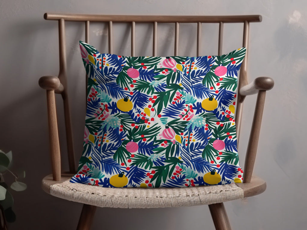 Christmas Ornament Digital Paper, Blue Green Tropical Leaves, Pink Yellow Baubles, Festive Holiday Pattern, Scrapbooking, Wall Art - Moore and Mountain