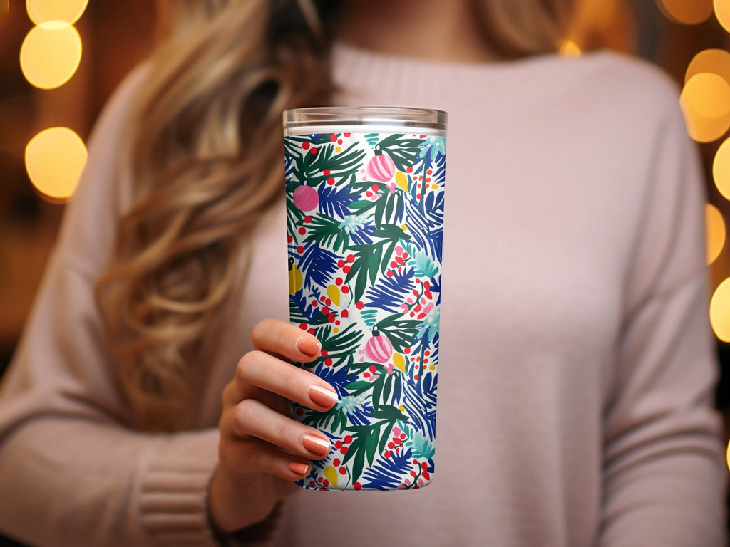 Christmas Ornament Digital Paper, Blue Green Tropical Leaves, Pink Yellow Baubles, Festive Holiday Pattern, Scrapbooking, Wall Art - Moore and Mountain