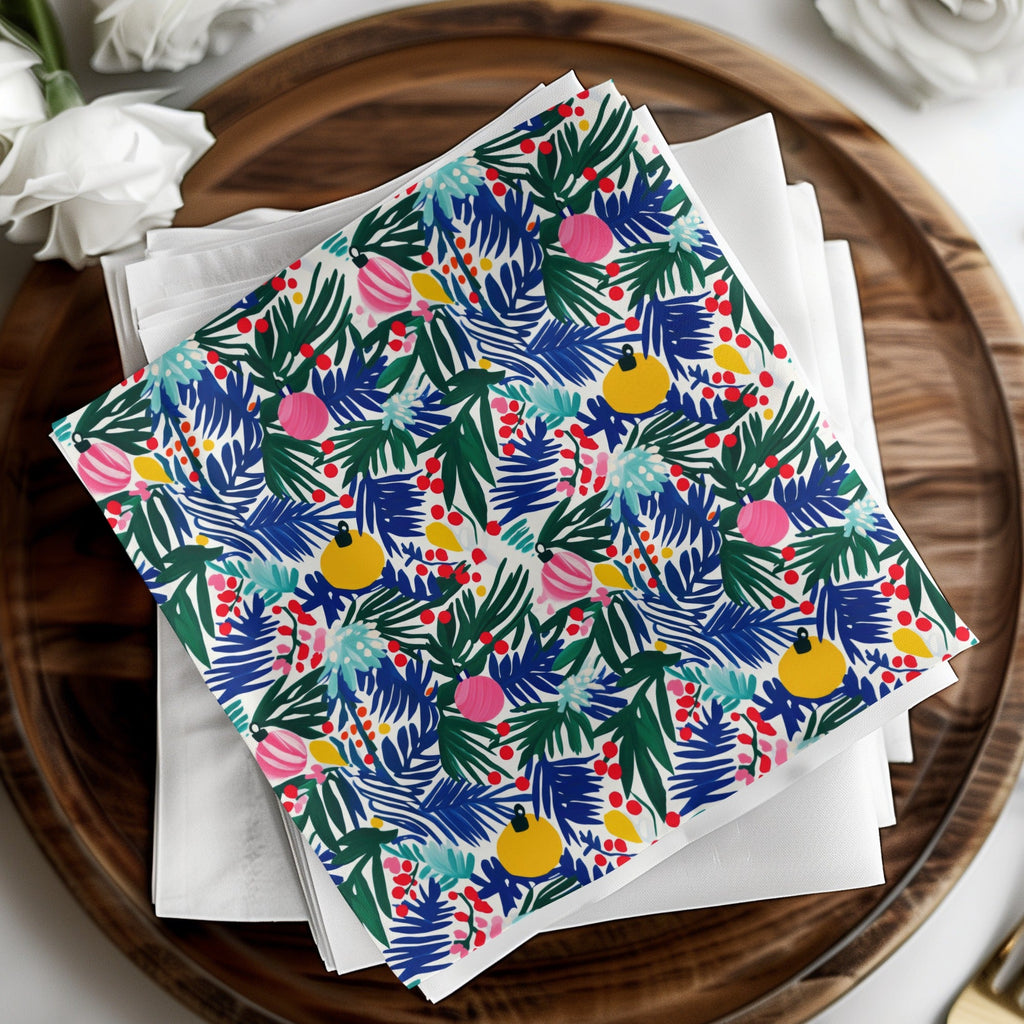 Christmas Ornament Digital Paper, Blue Green Tropical Leaves, Pink Yellow Baubles, Festive Holiday Pattern, Scrapbooking, Wall Art - Moore and Mountain