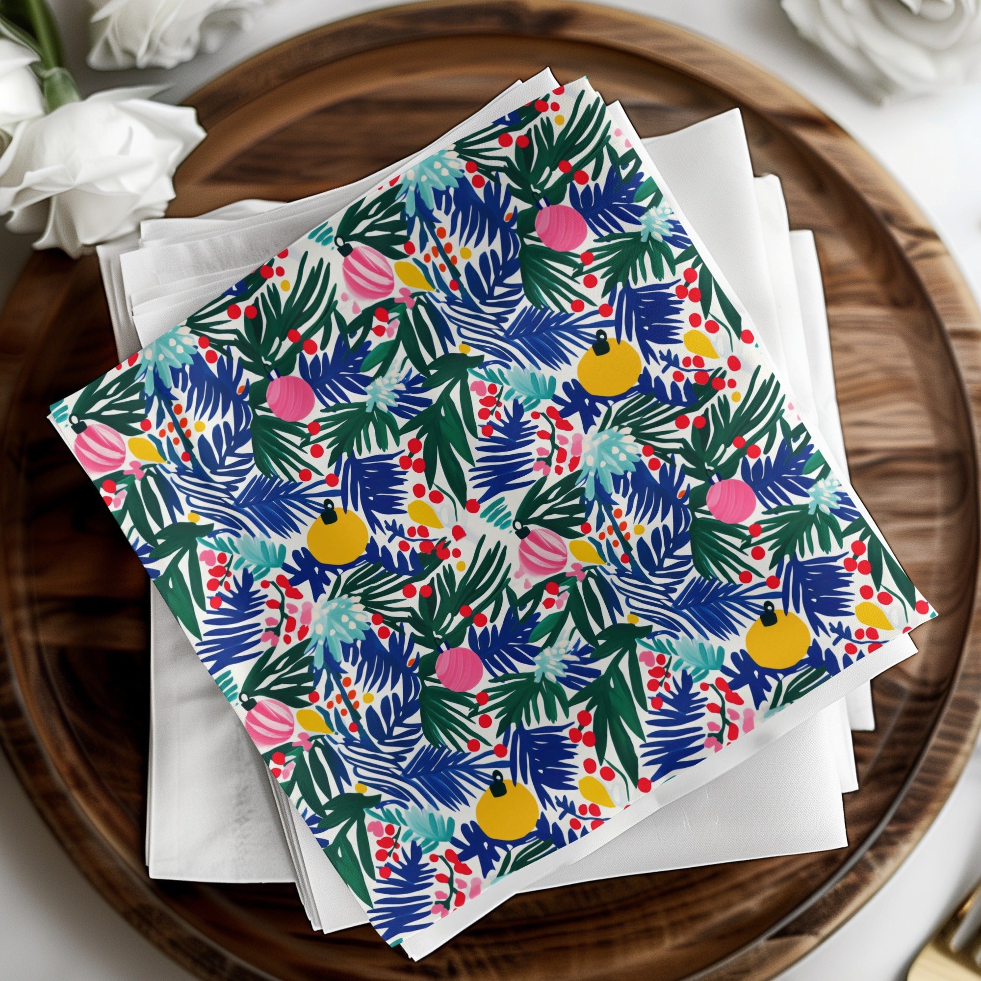 Christmas Ornament Digital Paper, Blue Green Tropical Leaves, Pink Yellow Baubles, Festive Holiday Pattern, Scrapbooking, Wall Art - Moore and Mountain