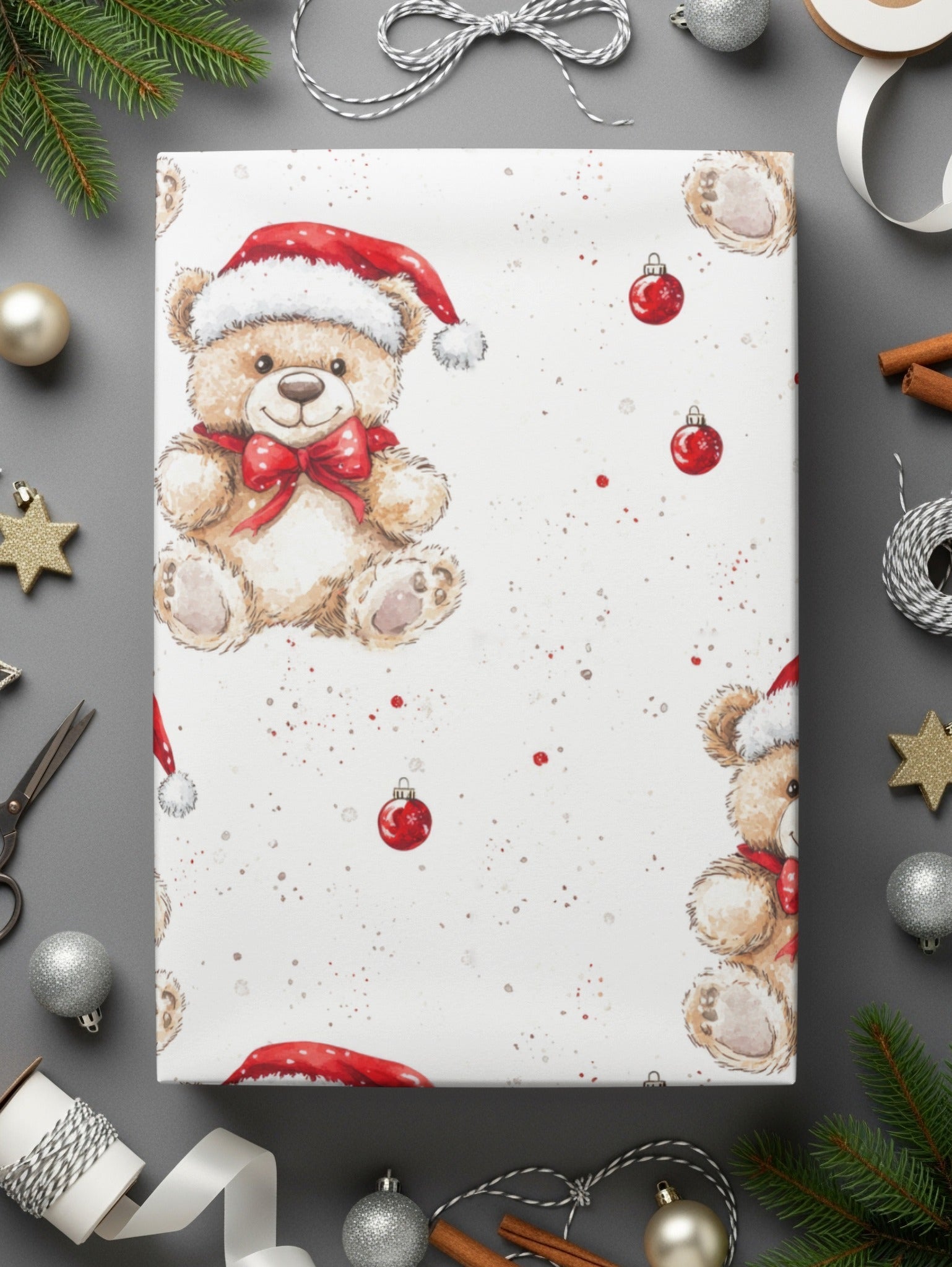 Christmas Teddy Bear Digital Seamless Pattern, Holiday Repeat Pattern, Xmas Bear for Fabric, 12x12 JPEG, 2 Scales, Digital Download - Moore and Mountain