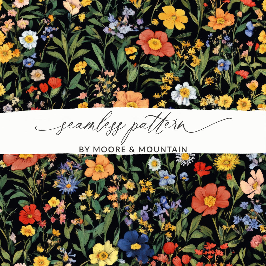 Colorful Floral Pattern Spring Summer Black Seamless Digital Pattern - Moore and Mountain