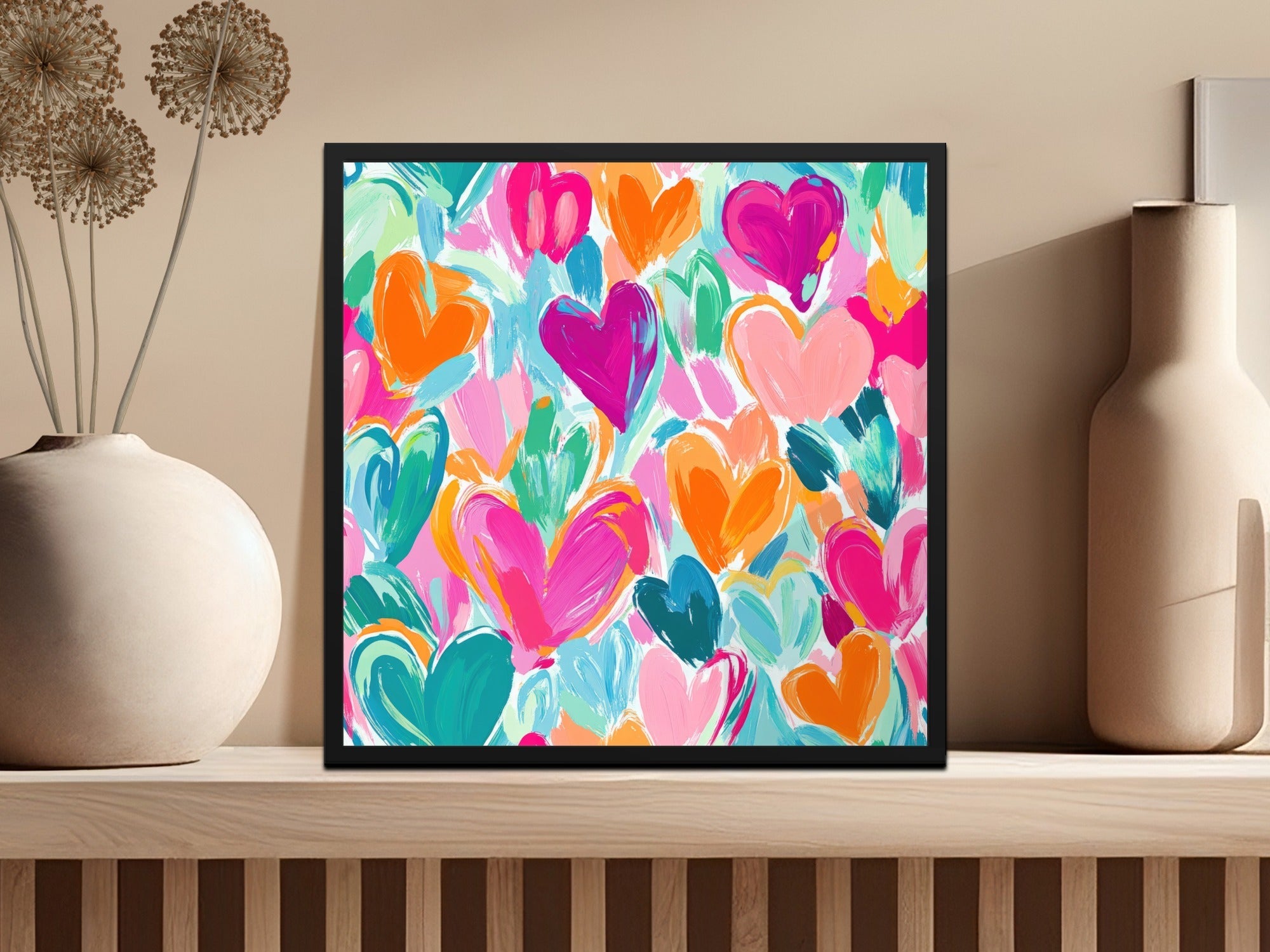 Colorful Hearts Digital Paper, Abstract Painting Background, Pink Orange Teal, Brushstroke Pattern, Valentine's Day, Scrapbooking - Moore and Mountain