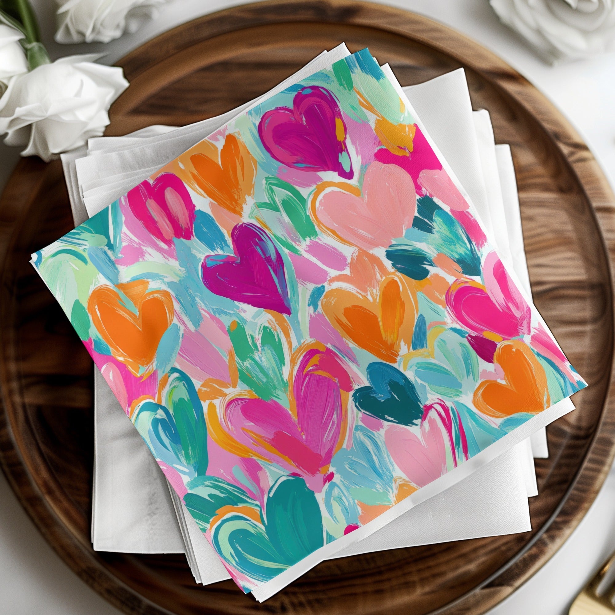 Colorful Hearts Digital Paper, Abstract Painting Background, Pink Orange Teal, Brushstroke Pattern, Valentine's Day, Scrapbooking - Moore and Mountain