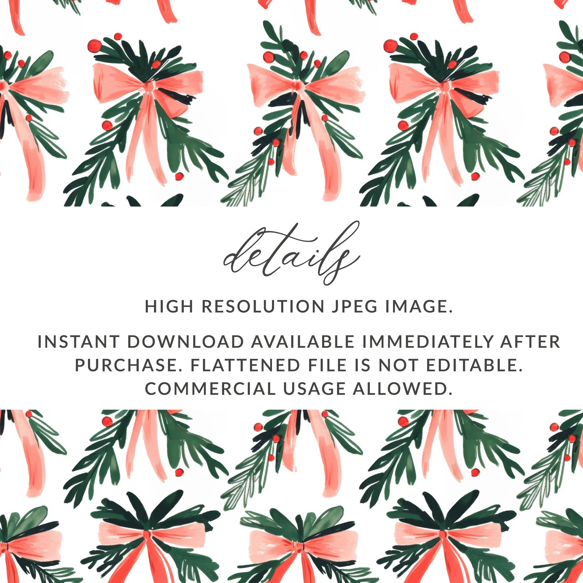 Coquette Christmas Festive Bows With Pine Sprigs Holiday Repeat Digital - Moore and Mountain