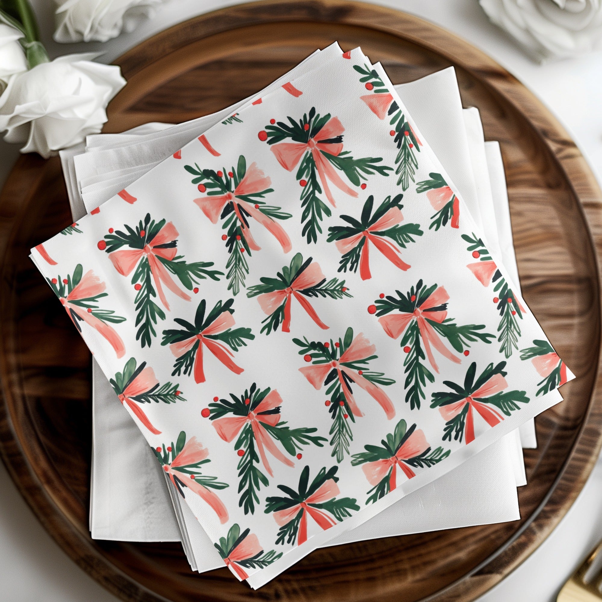 Coquette Christmas Festive Bows With Pine Sprigs Holiday Repeat Digital - Moore and Mountain